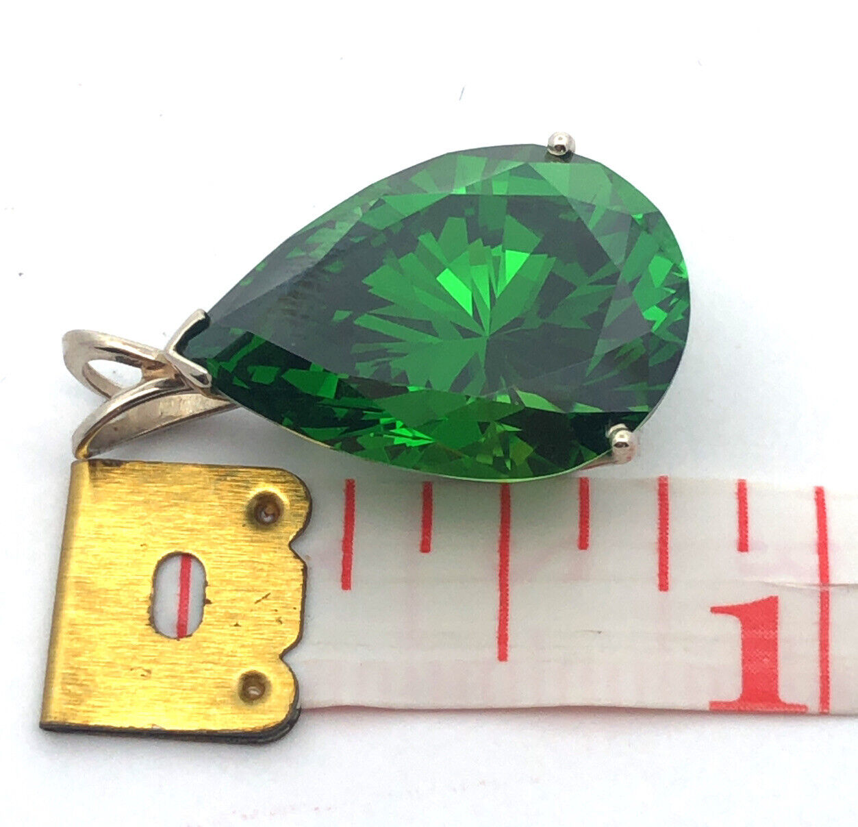 Designer 14K White Gold Pear Green CZ Solitaire Teardrop Pendant