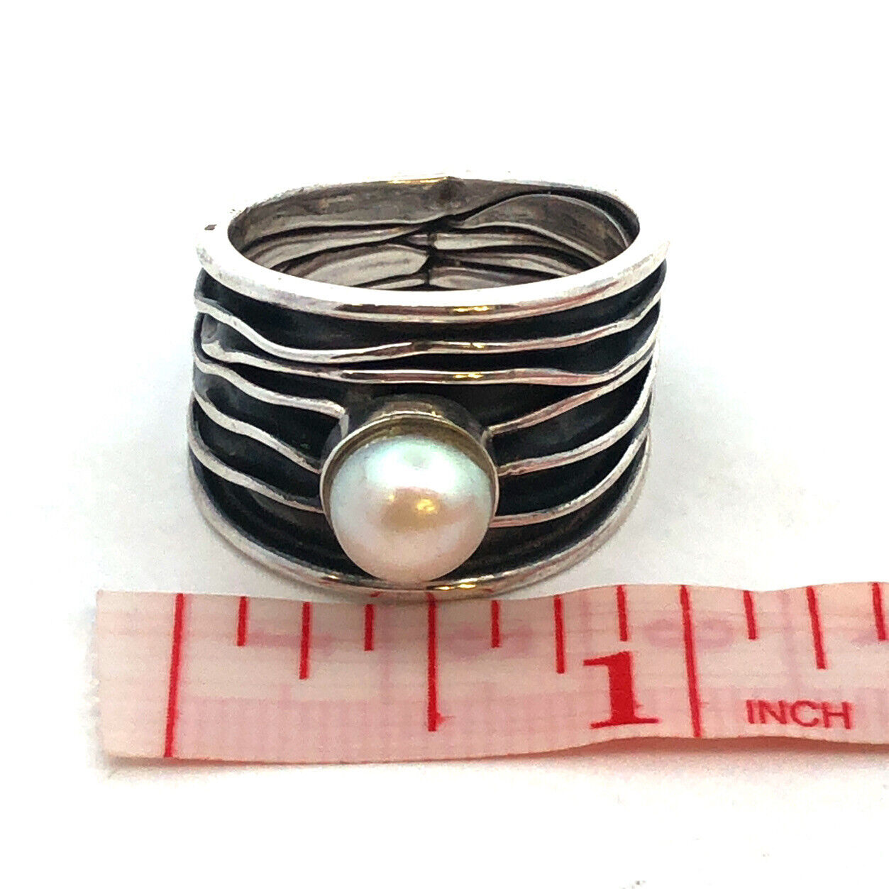 Designer Letty G Sterling Silver Pearl Solitaire Modernist Wide Cigar Band Ring