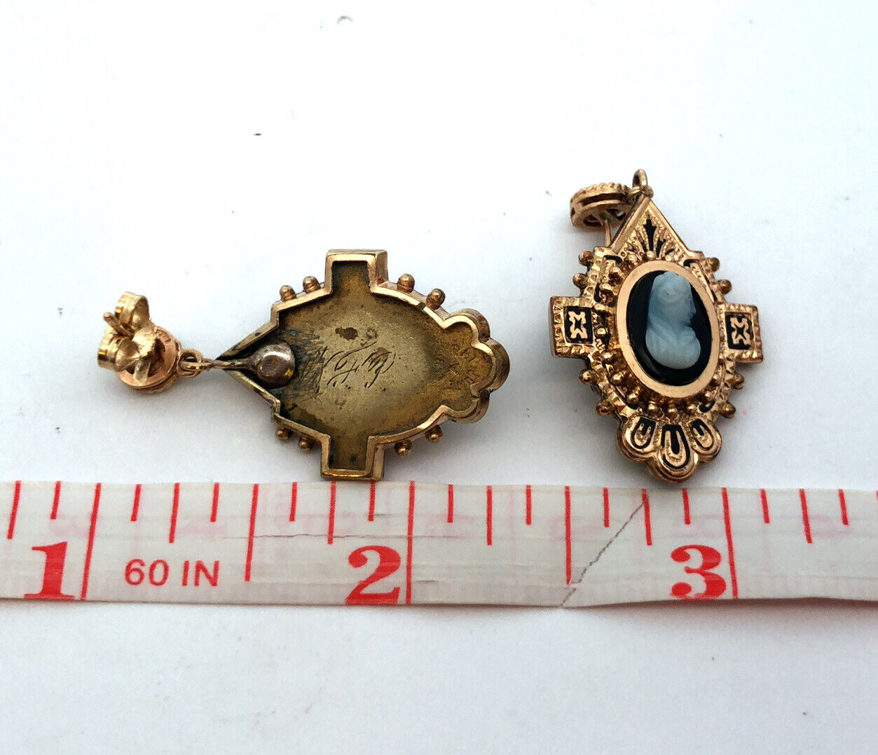 Victorian 14K And Gold Filled Black & White Cameo Enamel Dangle Stud Earrings