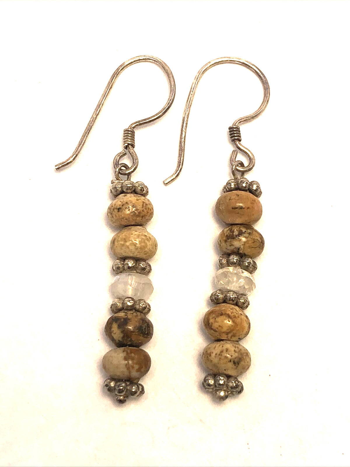 Sterling Silver 925 Moonstone Brown Jasper Beaded Natural Earthy Hook Earrings