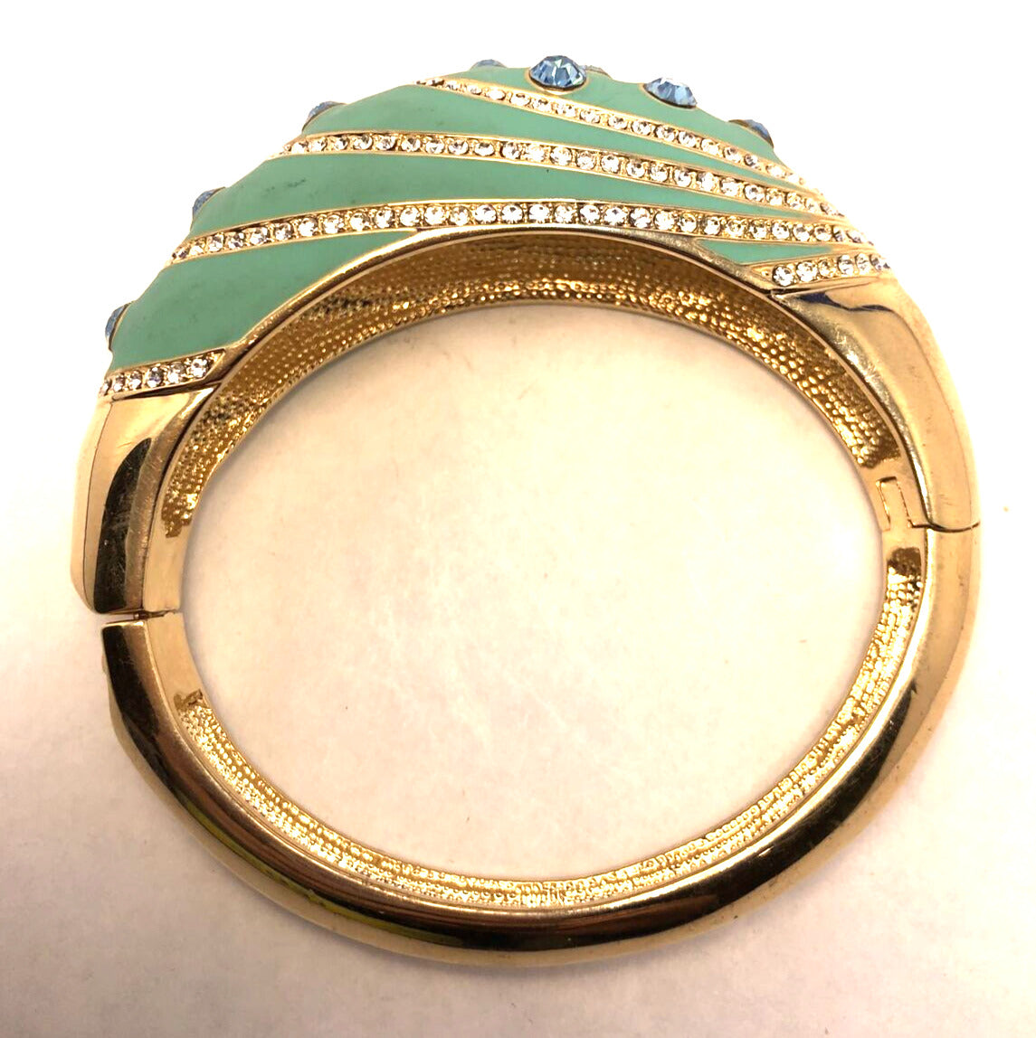 Designer Gold-Tone Teal Enamel Rhinestone Statement Hinged Cuff Bracelet