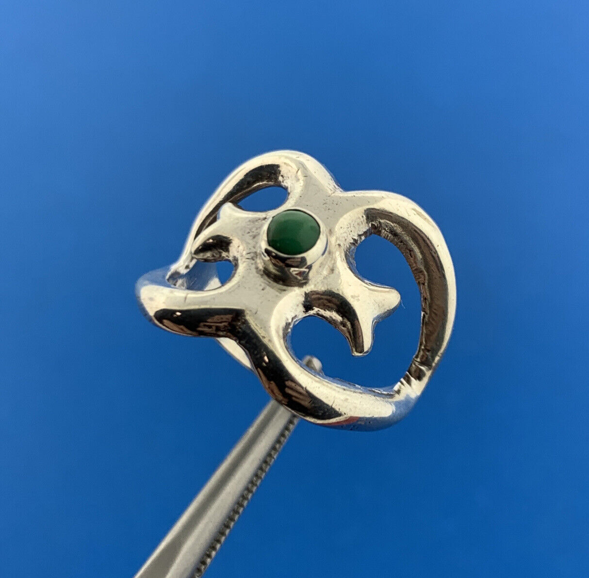 Stunning Sterling Silver 925 Cabochon Green Turquoise Open Heart Ring Size 6