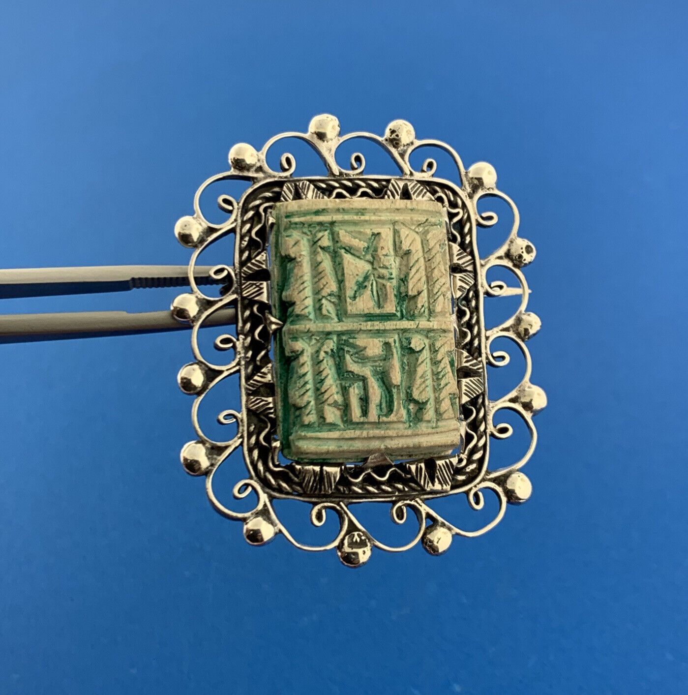 Antique 925 Sterling Silver Carved Scrimshaw Rectangle Open Work Pendant Brooch