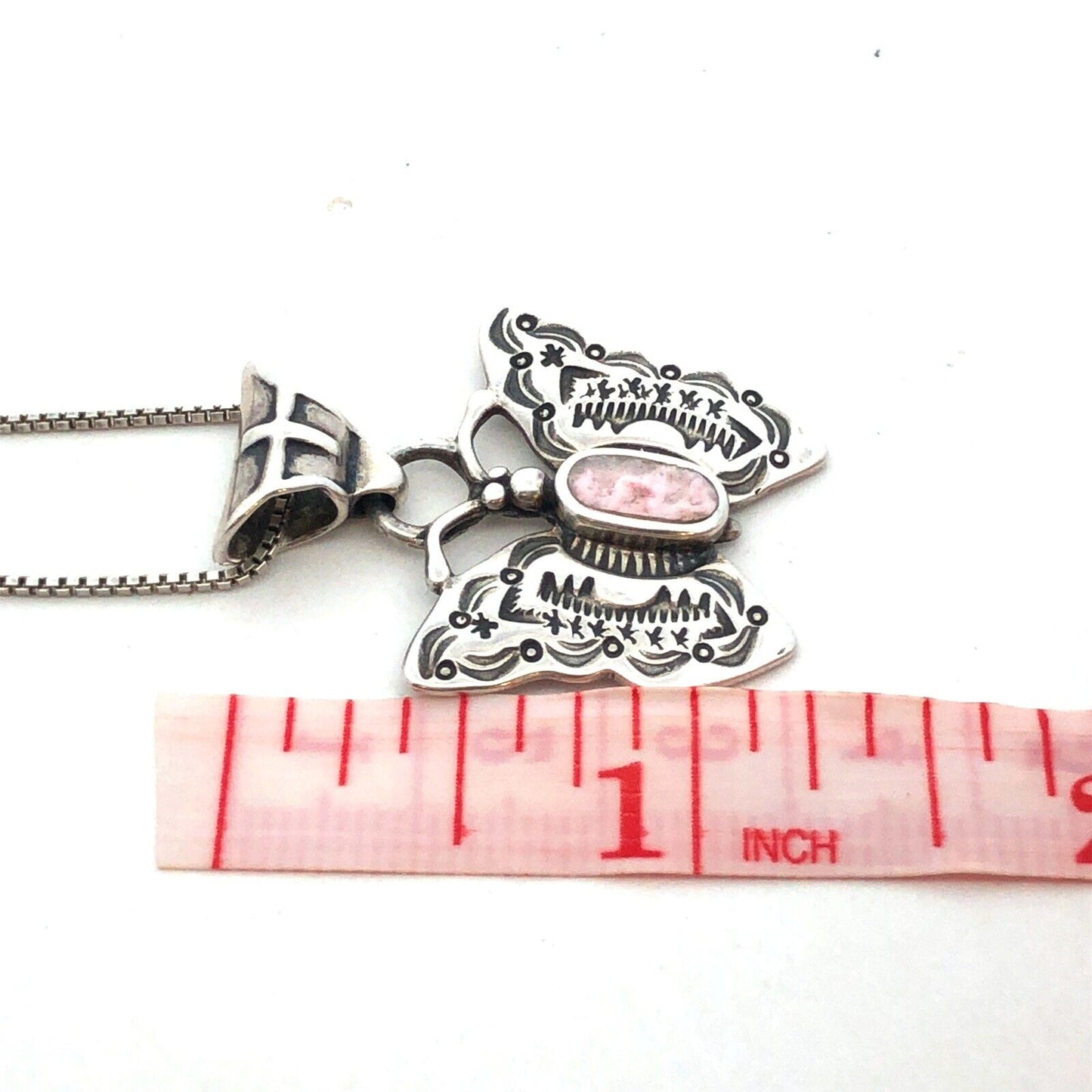 Native American 925 Sterling Silver Pink Agate Storyteller Butterfly Necklace