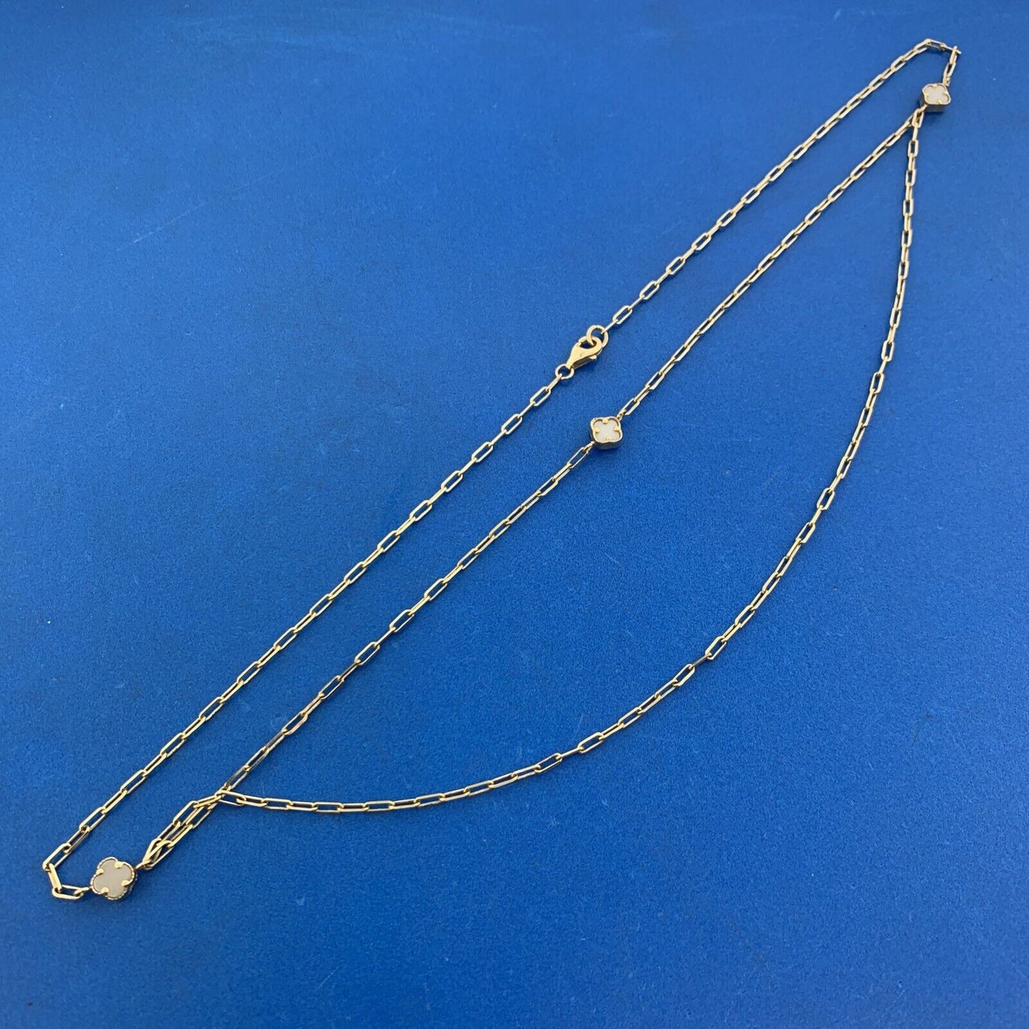 14K Yellow Gold Four Leaf Clover Paper Clip Chain Station Necklace