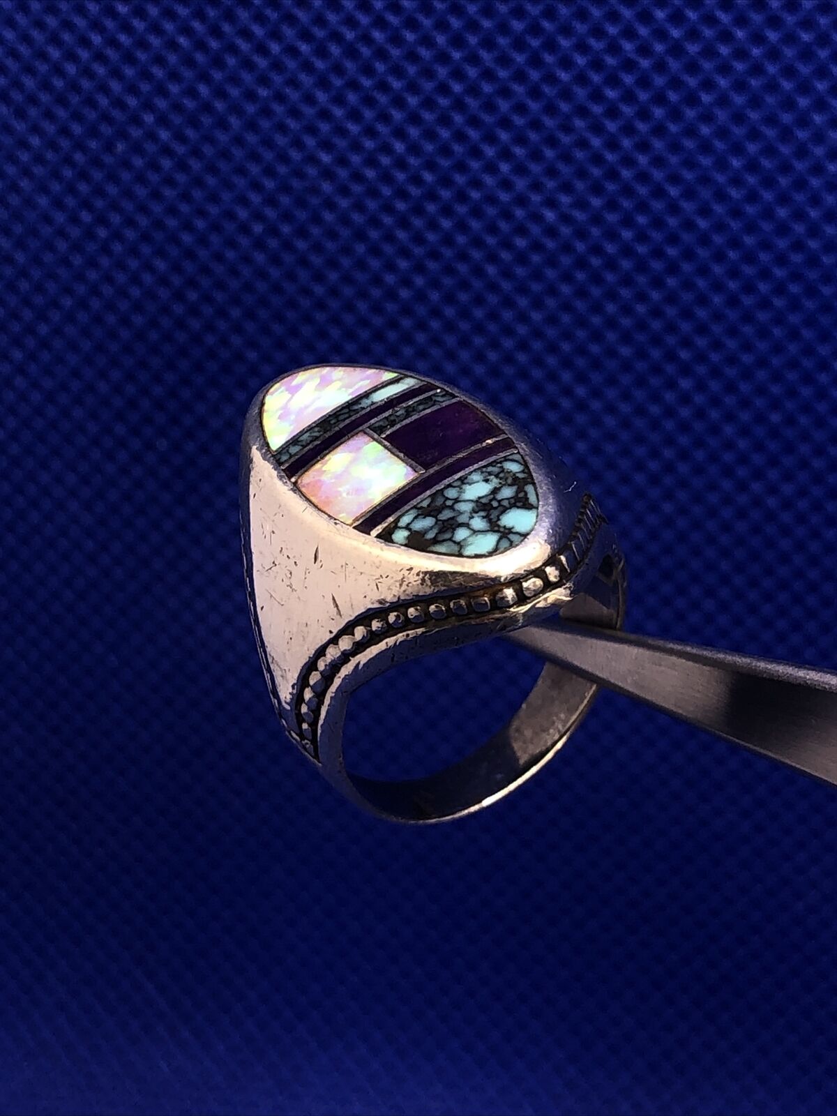 Vintage Designer Sterling Silver Purple Onyx Opal Turquoise Inlay Finger Ring