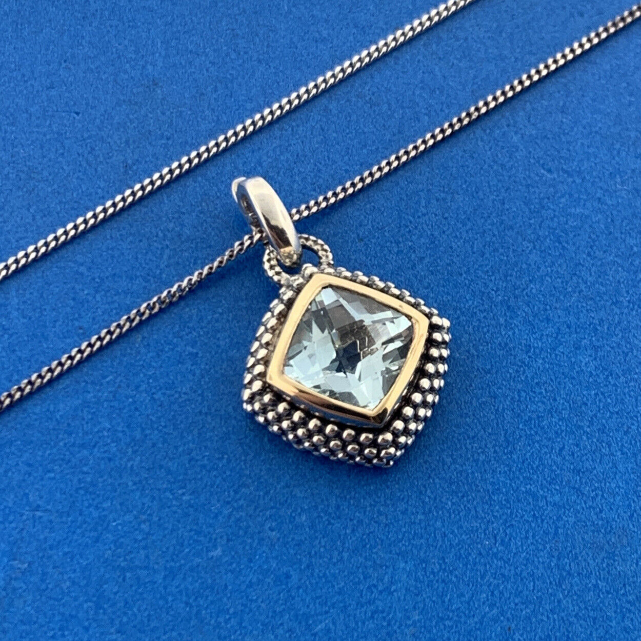 Designer T&C 925 Sterling Silver 14K Yellow Gold Square Blue Topaz Necklace