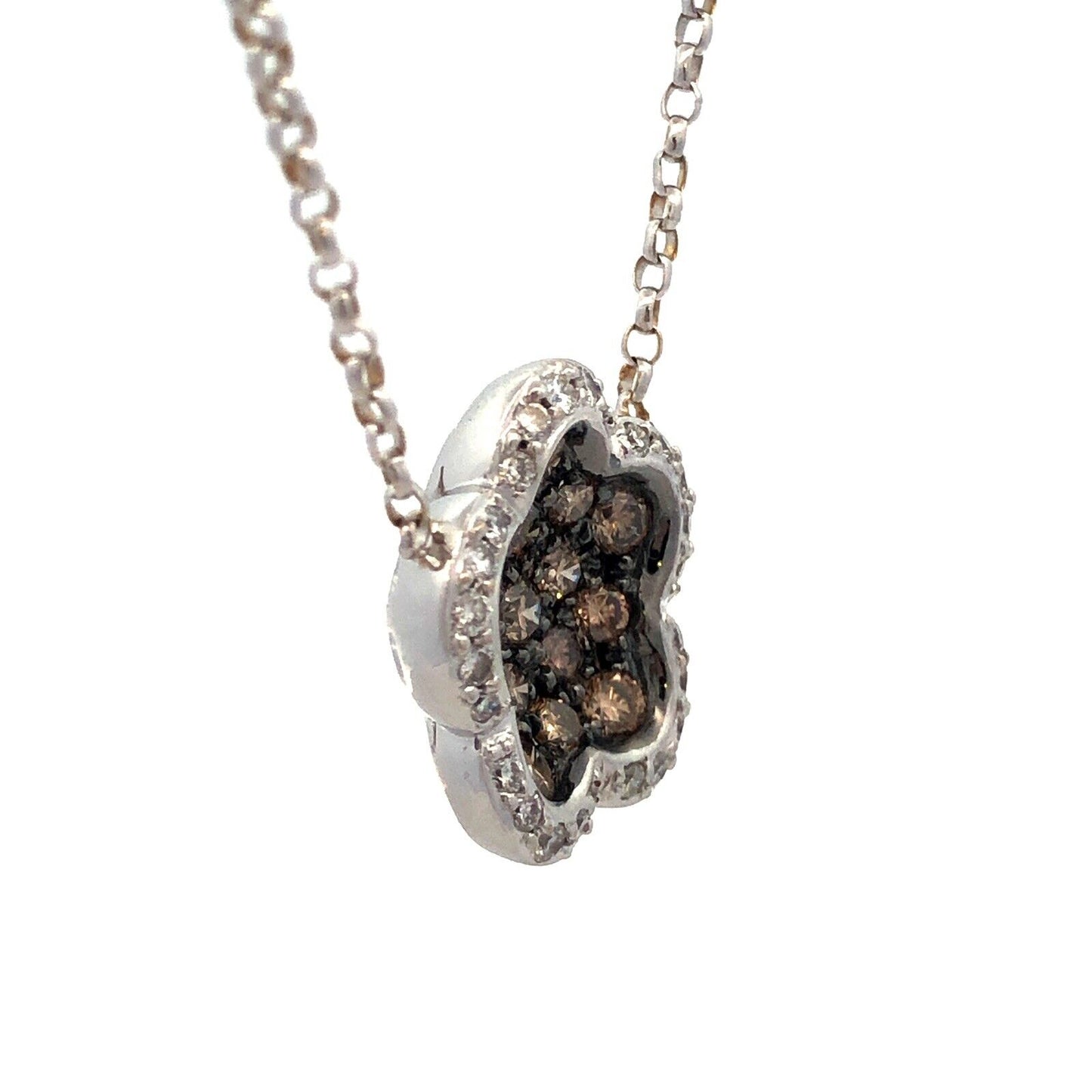 Designer 18K White Gold Champagne & White Diamond Flower Cluster Necklace