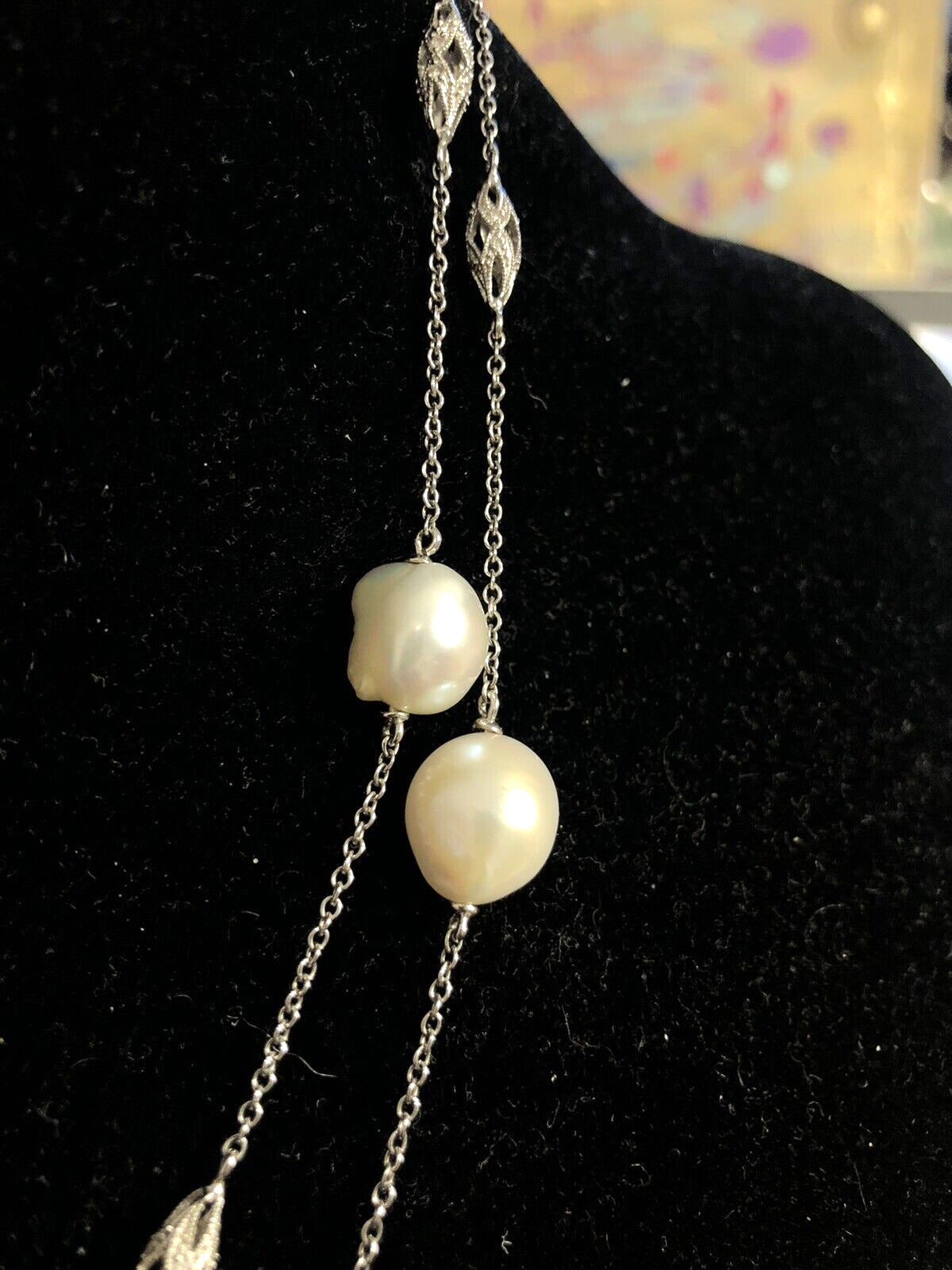 Estate 14K White Gold Art Deco Baroque Pearl Diamond Station Beaded Necklace