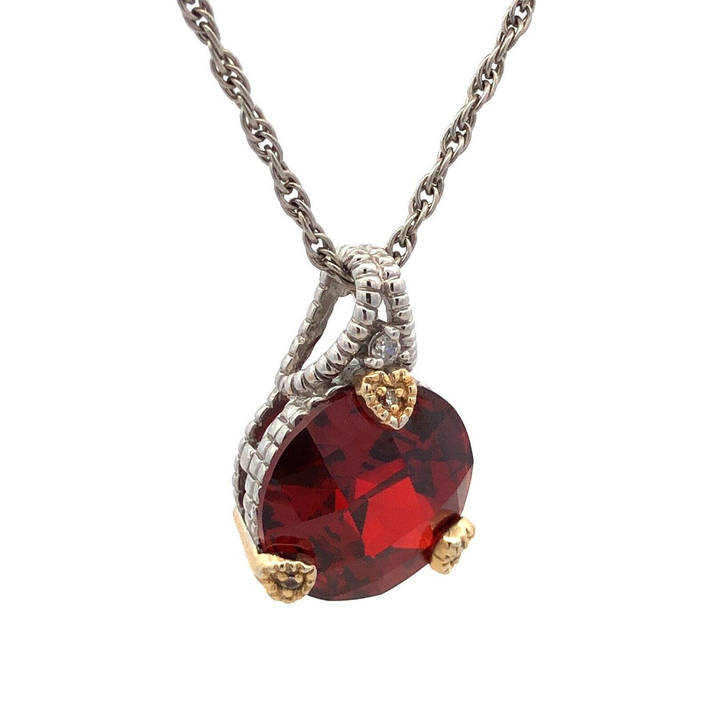 925 Sterling Silver Two Tone Cushion Cut Red Cubic Zirconia CZ Necklace