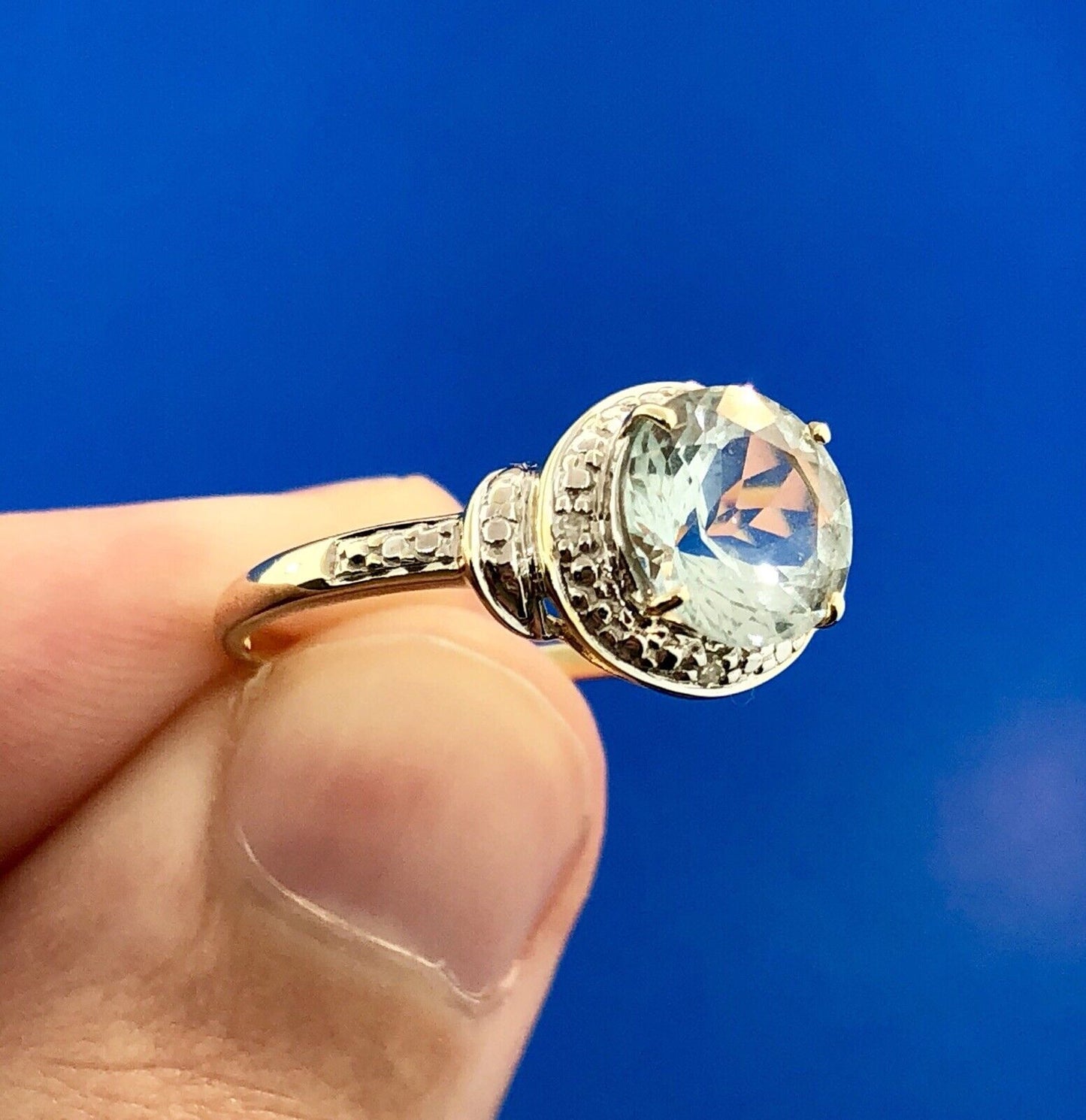 Designer 10K Yellow White Gold Aquamarine Diamond Accent March Anniversary Ring