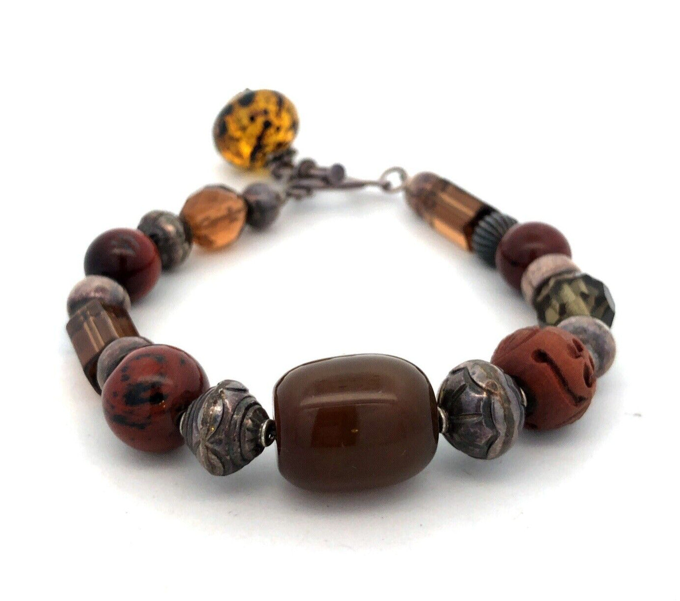 Estate 925 Sterling Silver Tigers Eye Agate Jasper Beaded Statement Bracelet