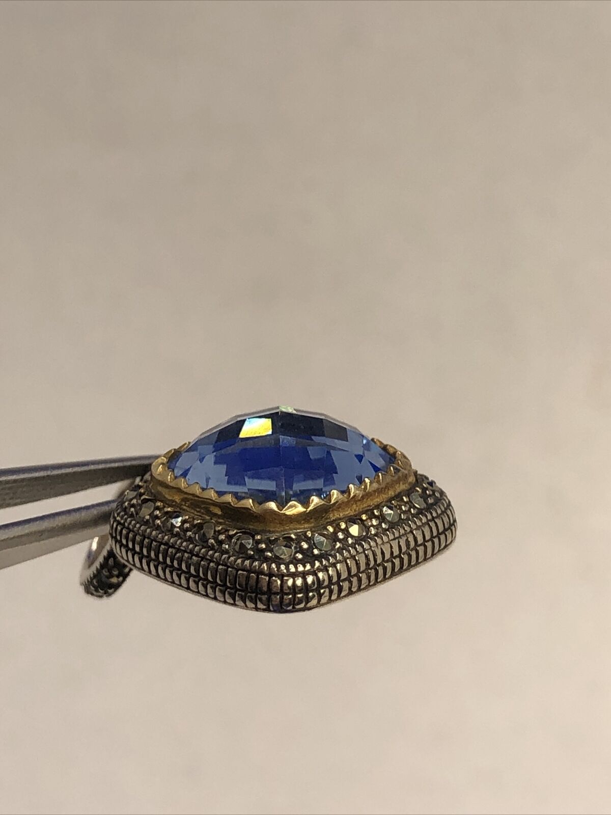 Designer 925 Sterling Silver Cushion Tanzanite Marcasite Two-Tone Square Pendant