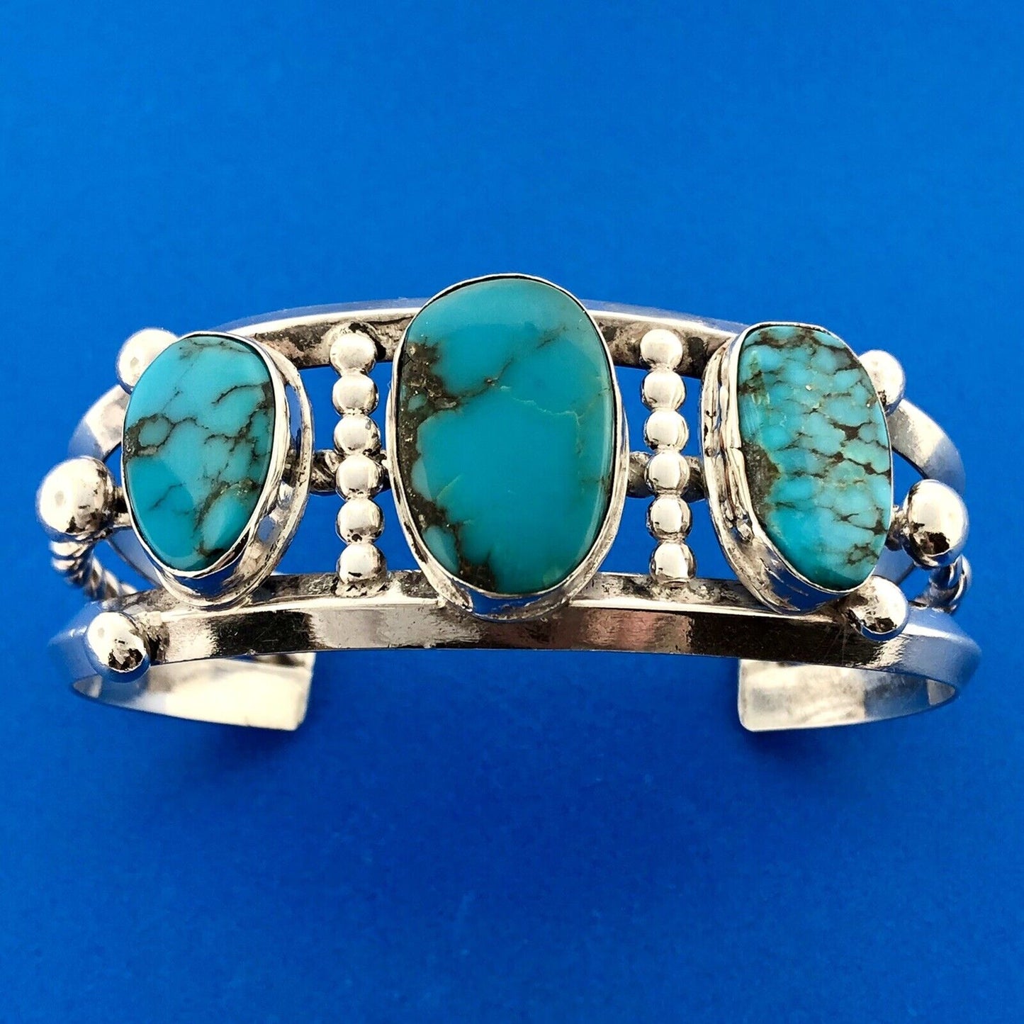 Estate Native American Sterling Silver Turquoise Chunky Cabochon Cuff Bracelet