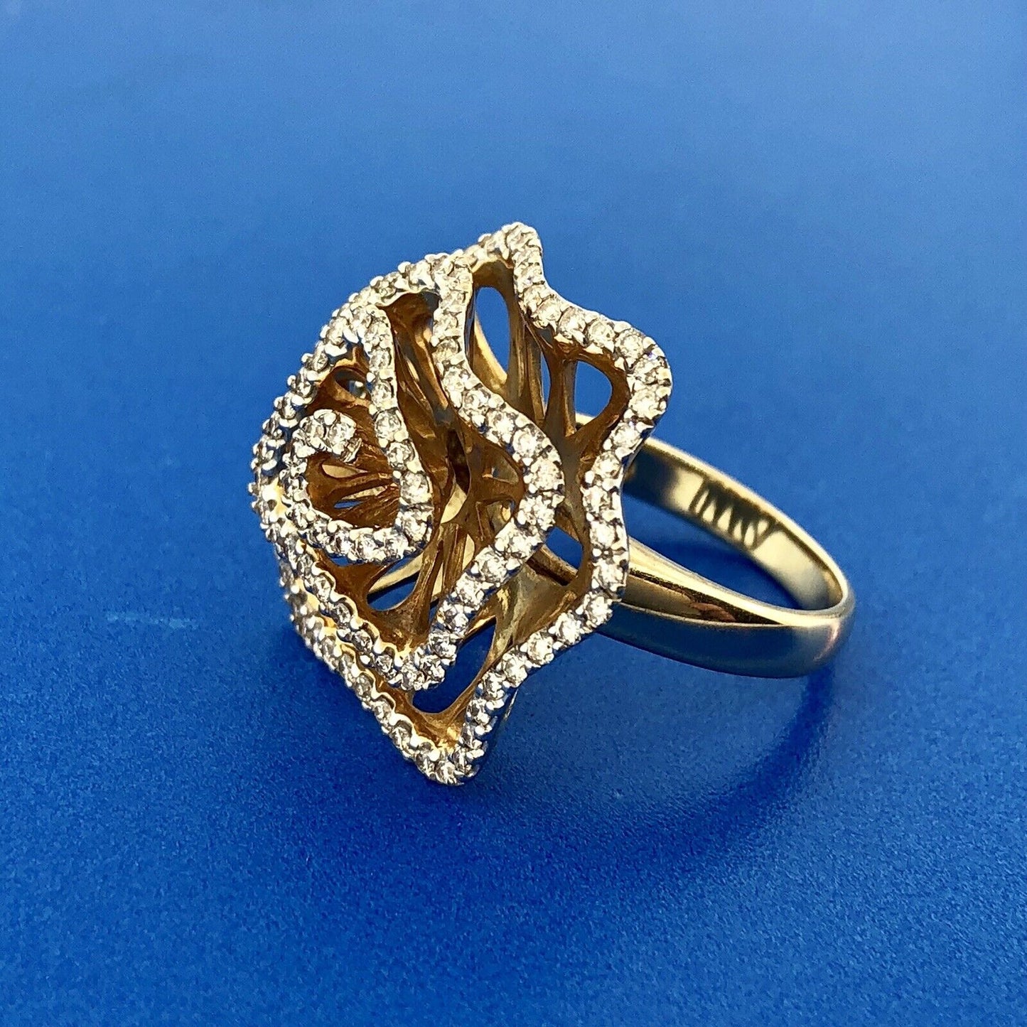 Estate 14K Yellow Gold Diamond Modernist Flower Swirl Statement Cocktail Ring