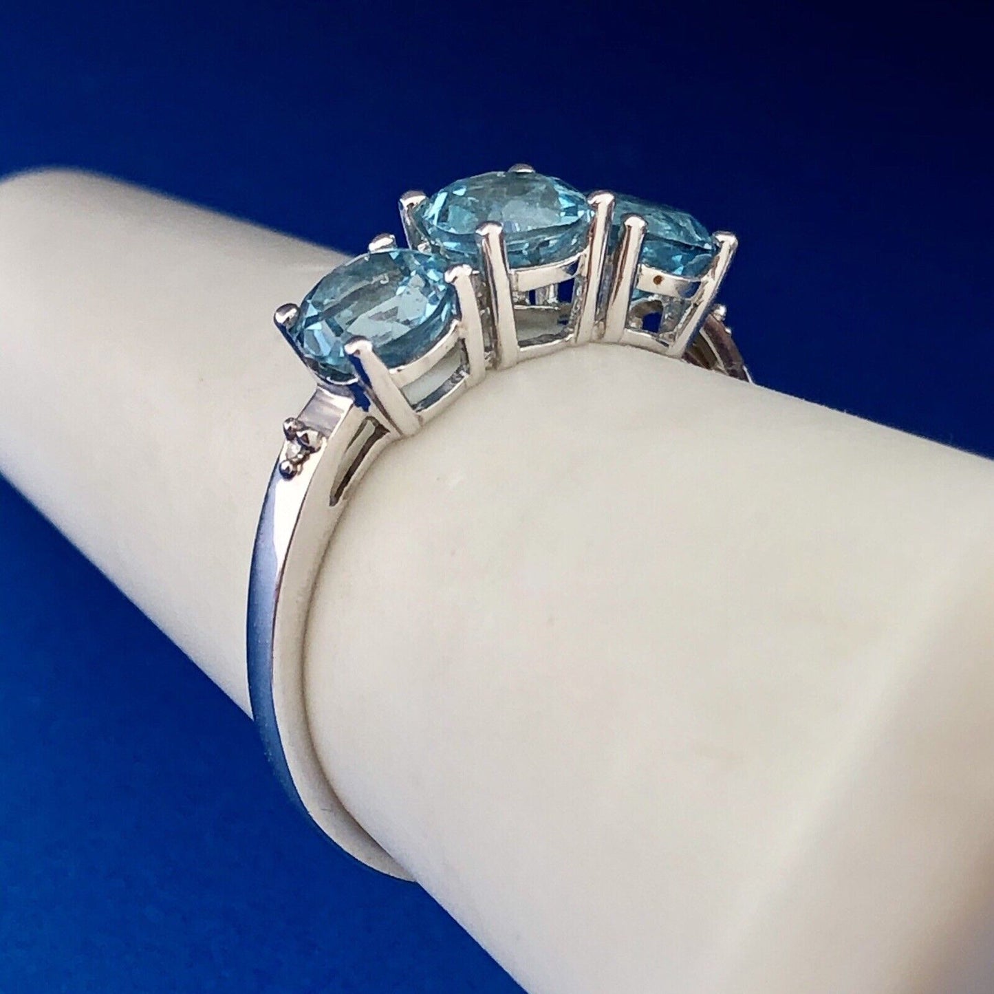 Designer 10K White Gold Blue Topaz Diamond Engagement Birthstone Cocktail Ring
