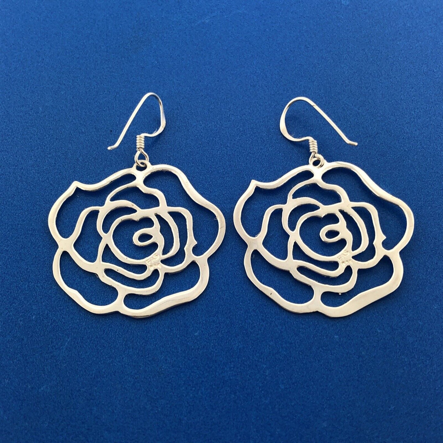 Designer FAS Sterling Silver 925 Openwork Rose Flower Dangle Hook Earrings