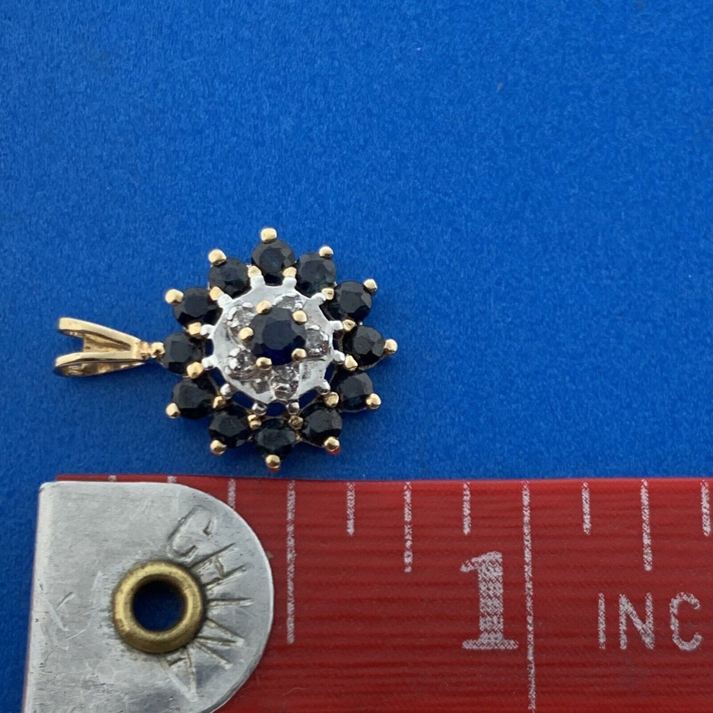 Vintage 14K Yellow White Gold Blue Sapphire Diamond Accent Anniversary Pendant