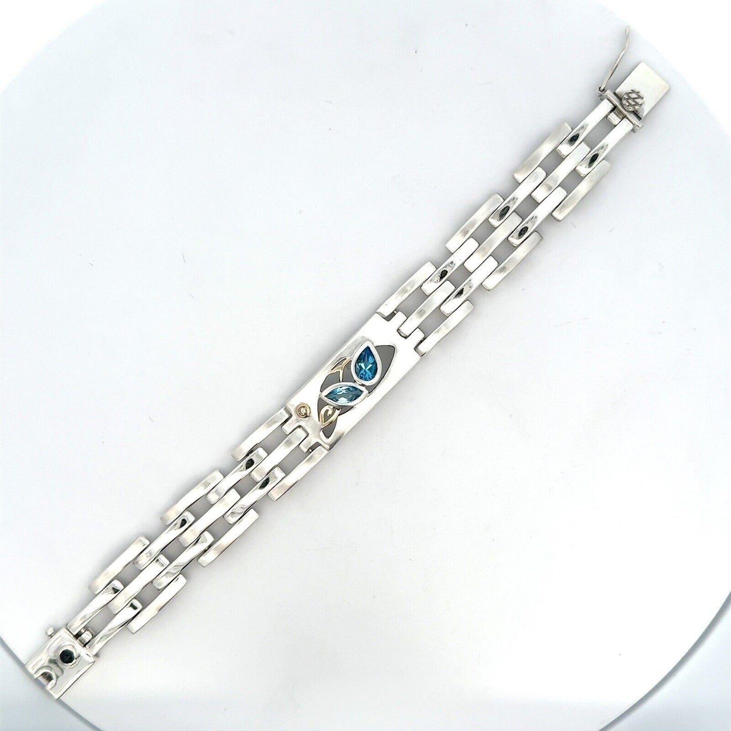 Unisex 18K Yellow Gold Sterling Silver Blue Topaz Diamond Modernist Bracelet