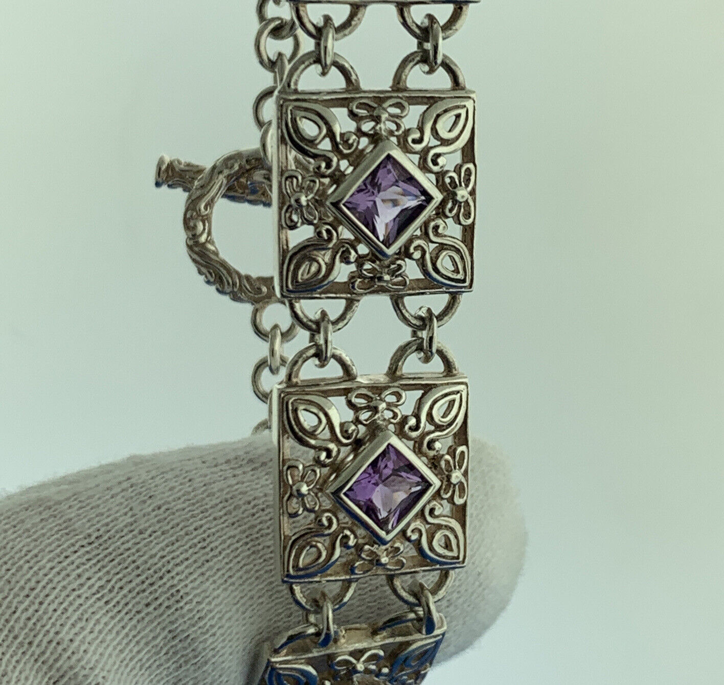Designer Sterling Silver Square Amethyst Open Scroll Statement Tennis Bracelet