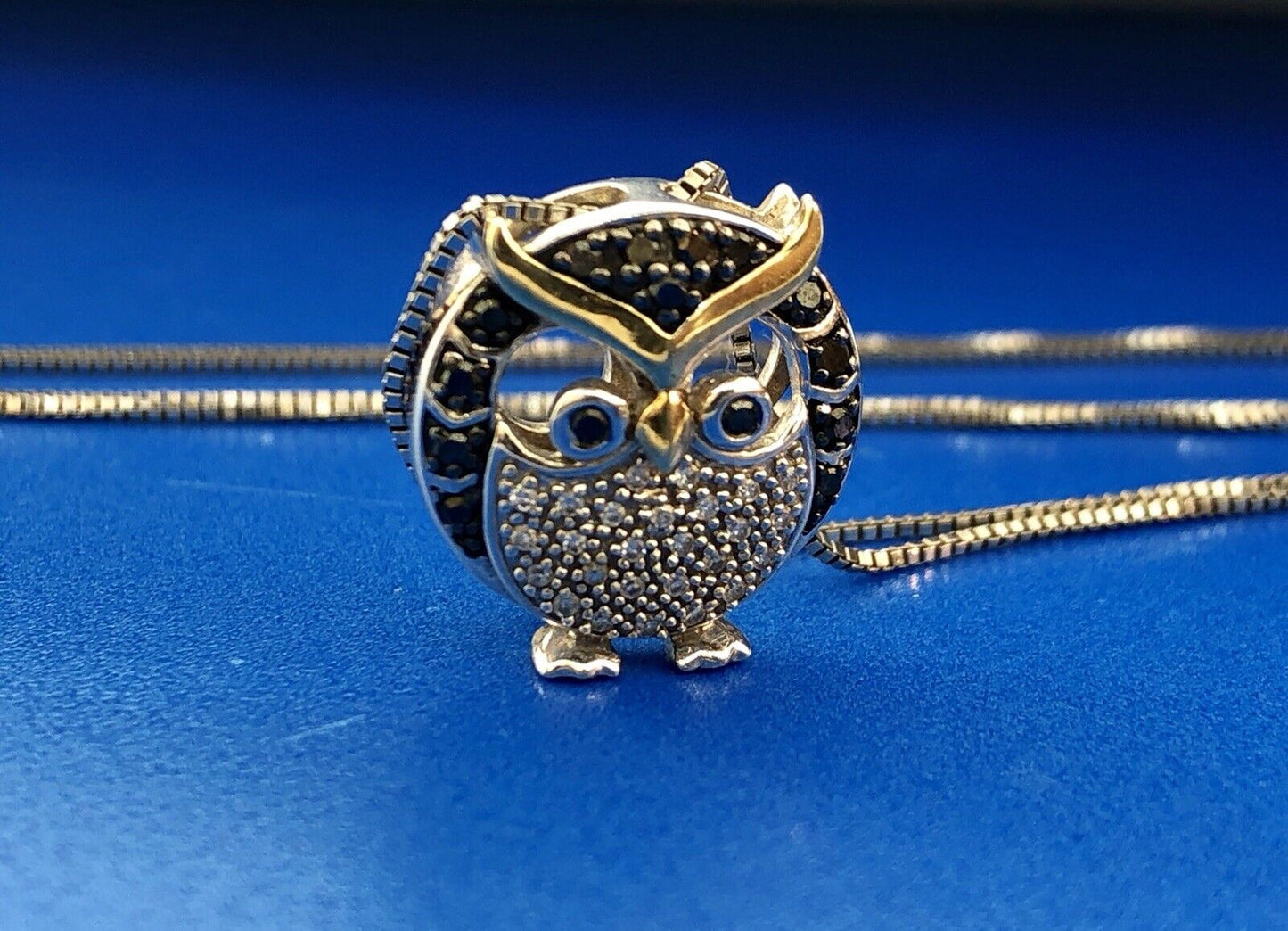 Designer 10K Yellow Gold Sterling Silver Black White Diamond Chubby Owl Necklace