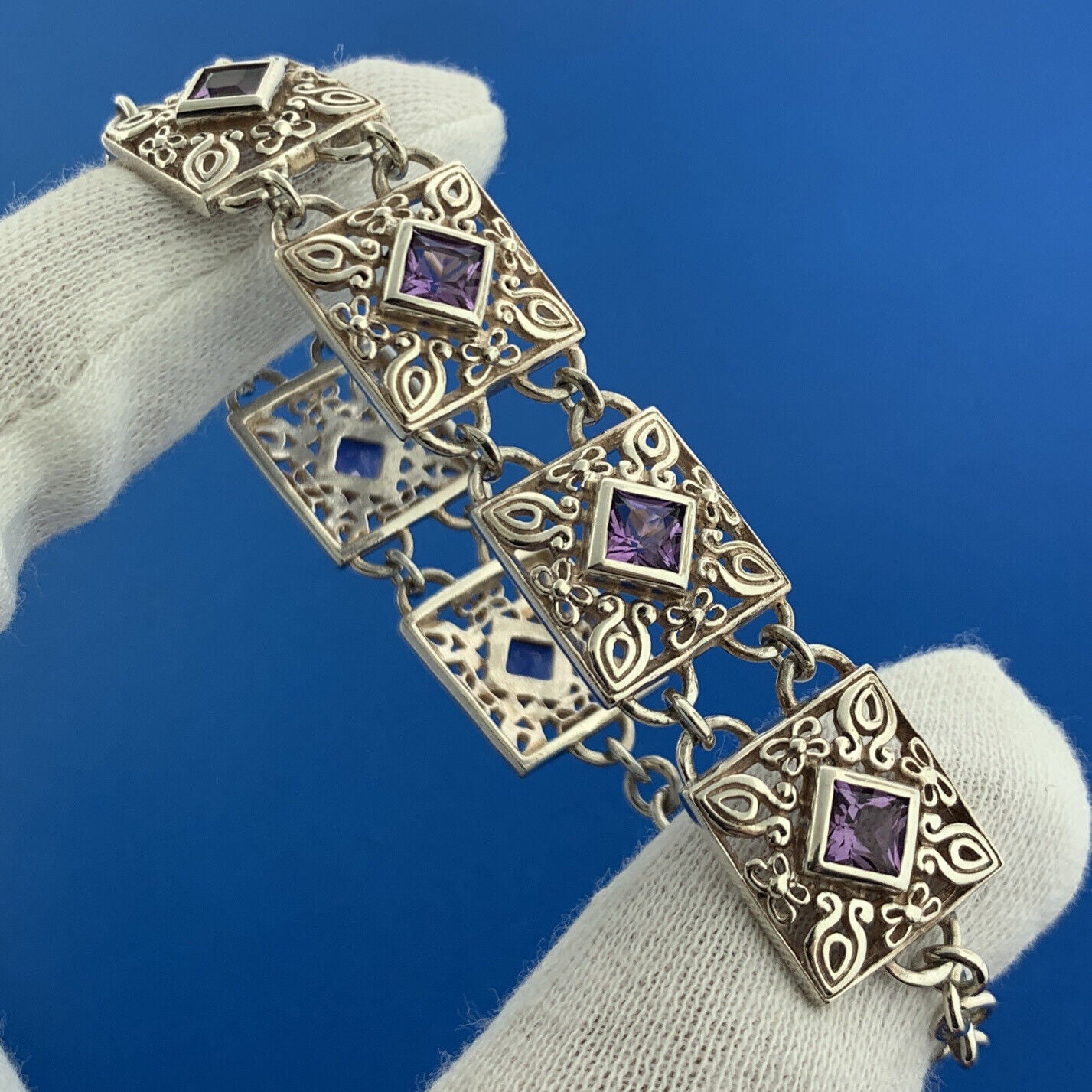 Designer Sterling Silver Square Amethyst Open Scroll Statement Tennis Bracelet