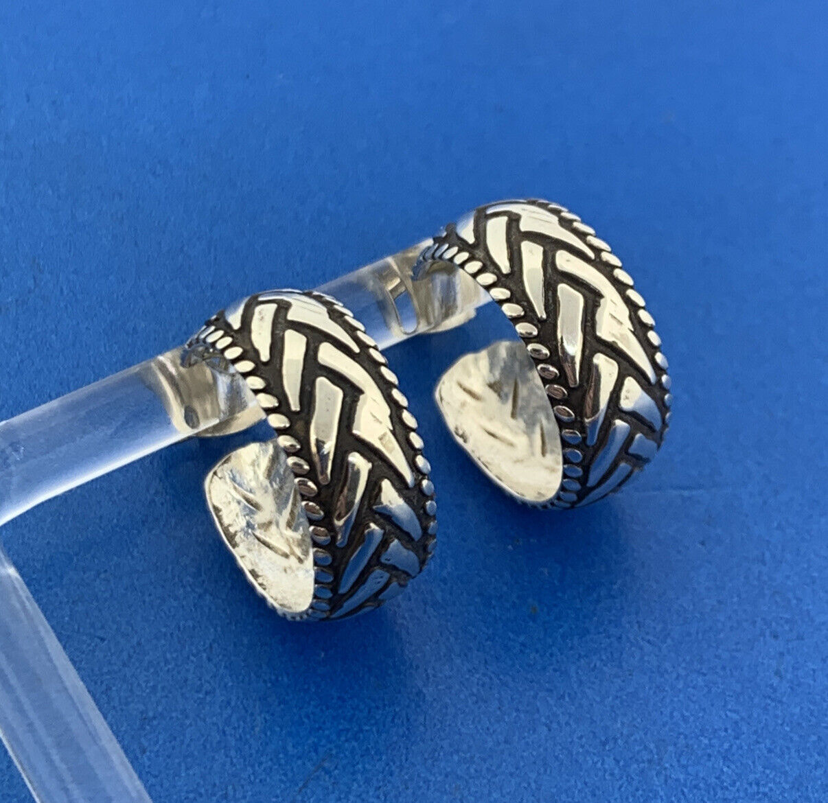Estate Sterling Silver 925 14K Yellow Gold Weave Bead Design 5/8" Hoop Earrings