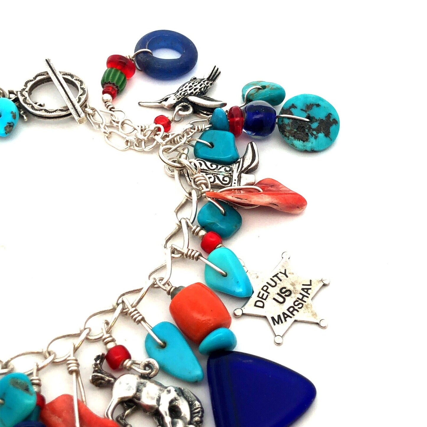 Native American 925 Sterling Silver Multistone Charm Statement Bracelet