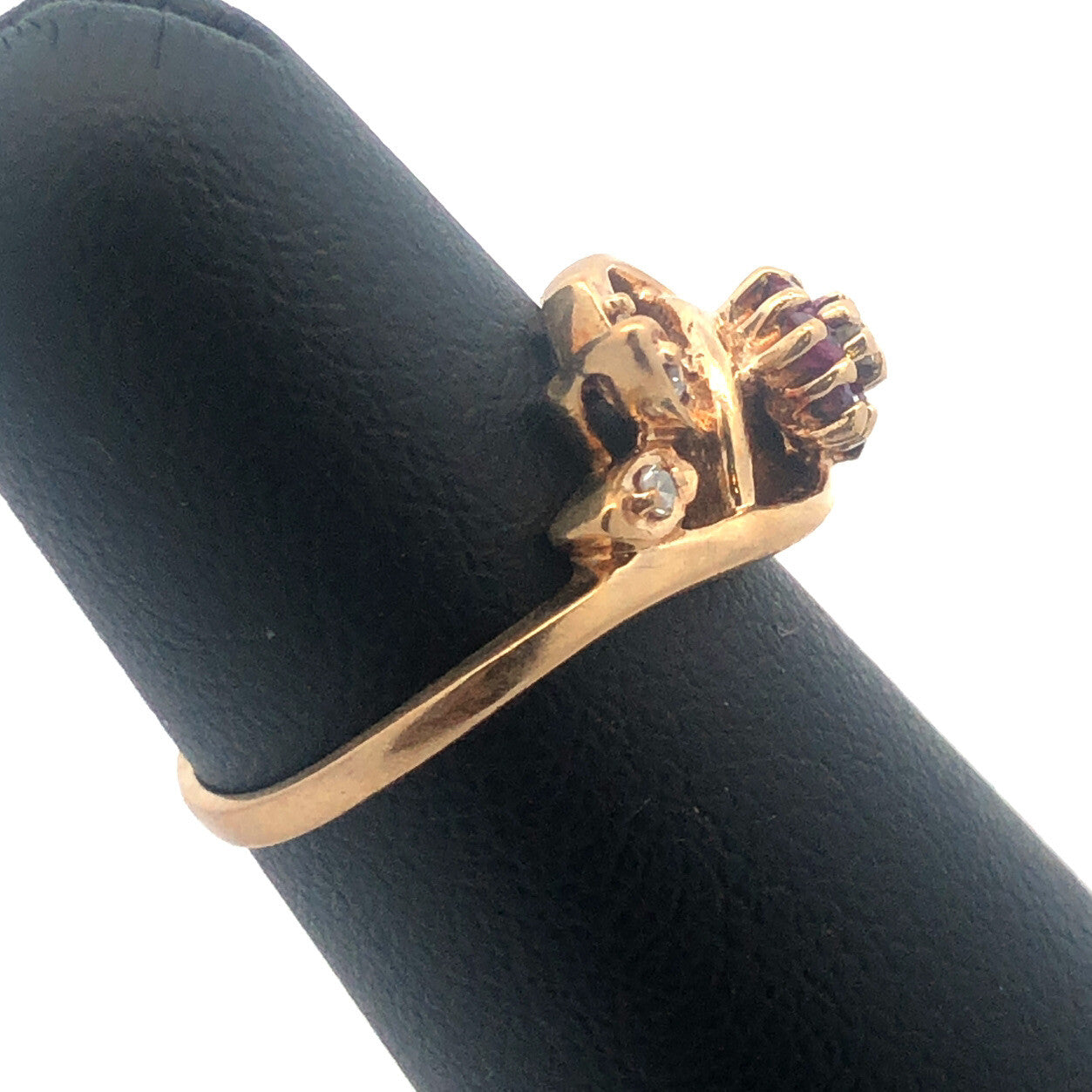 Vintage 10K Yellow Gold Ruby Diamond Free Form Rose Floral July Occasion Ring