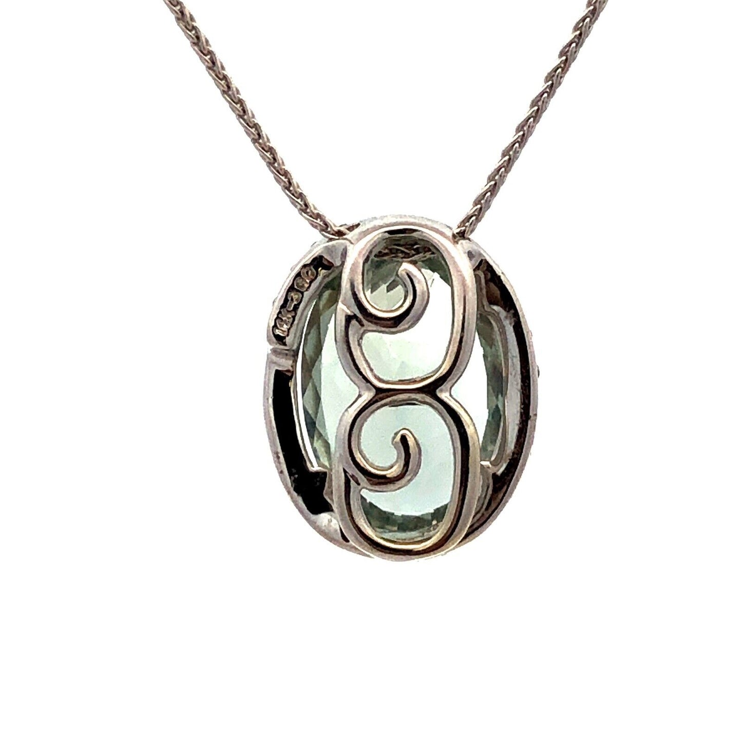 Designer SG 14K White Gold Oval Green Amethyst Diamond Swirl Pendant Necklace