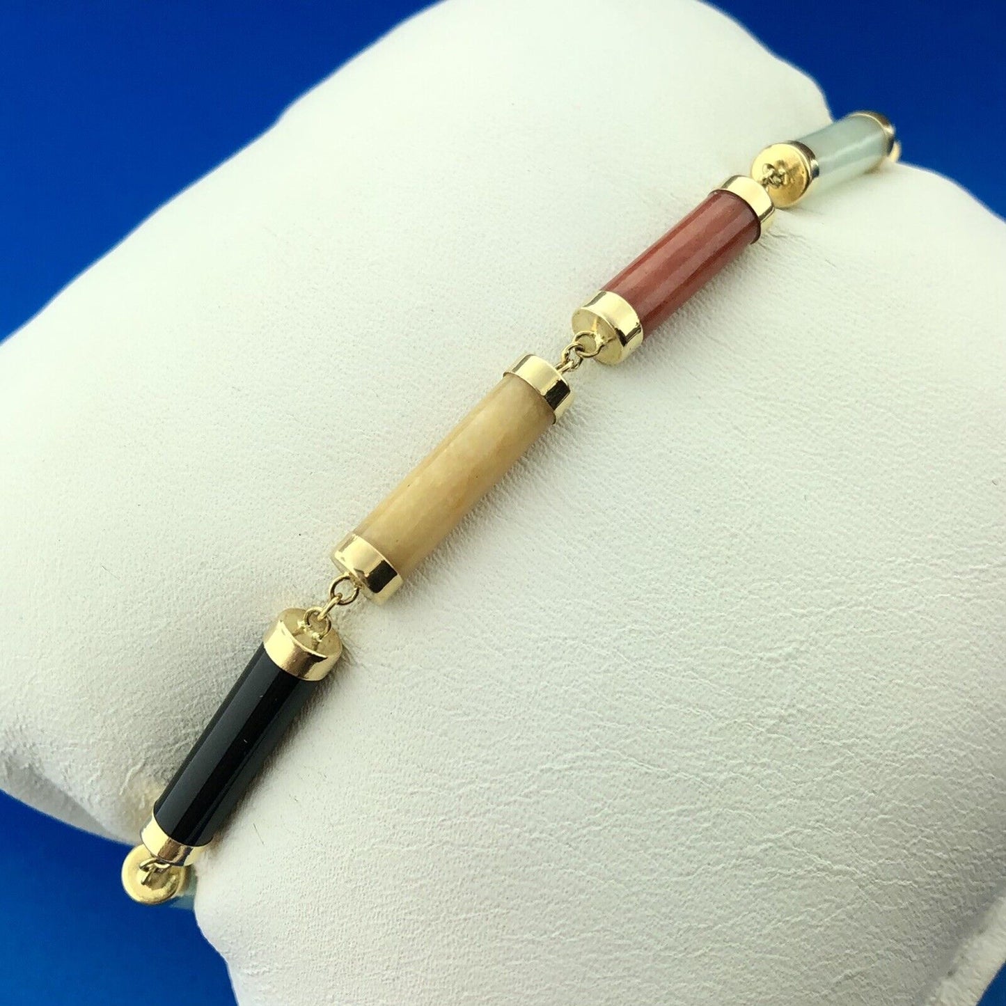 Estate 14K Yellow Gold Coral Black Onyx Jasper Jade Mixed Tubular Bead Bracelet
