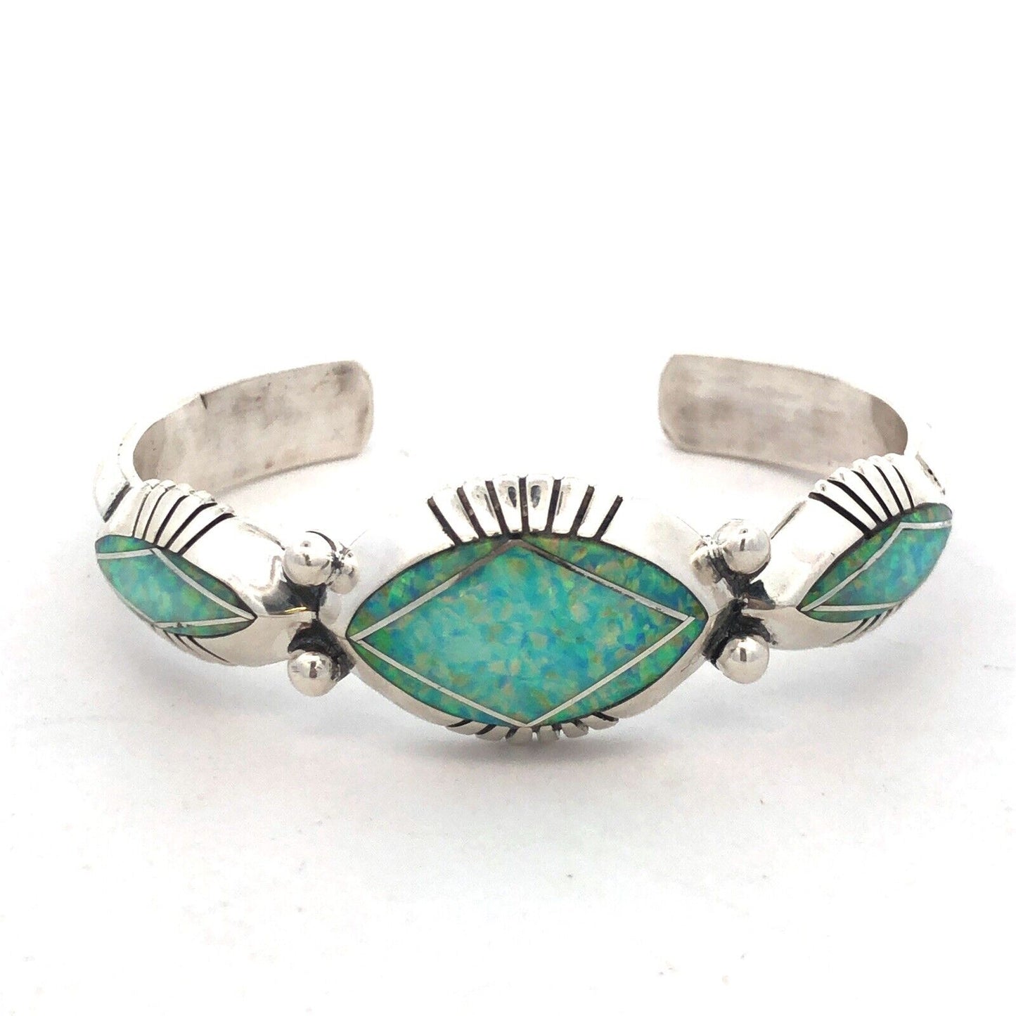 Native American Jerry T Nelson 925 Sterling Silver Blue Opal Oval Cuff Bracelet