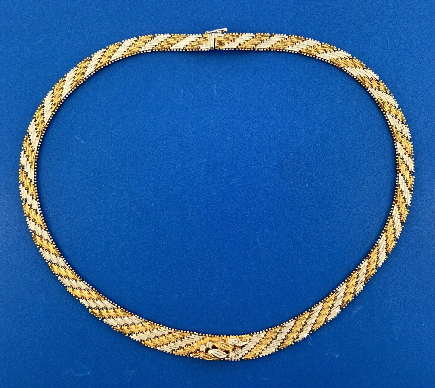 Sterling Silver 925 Diamond Two Tone Textured Weave Link V Necklace