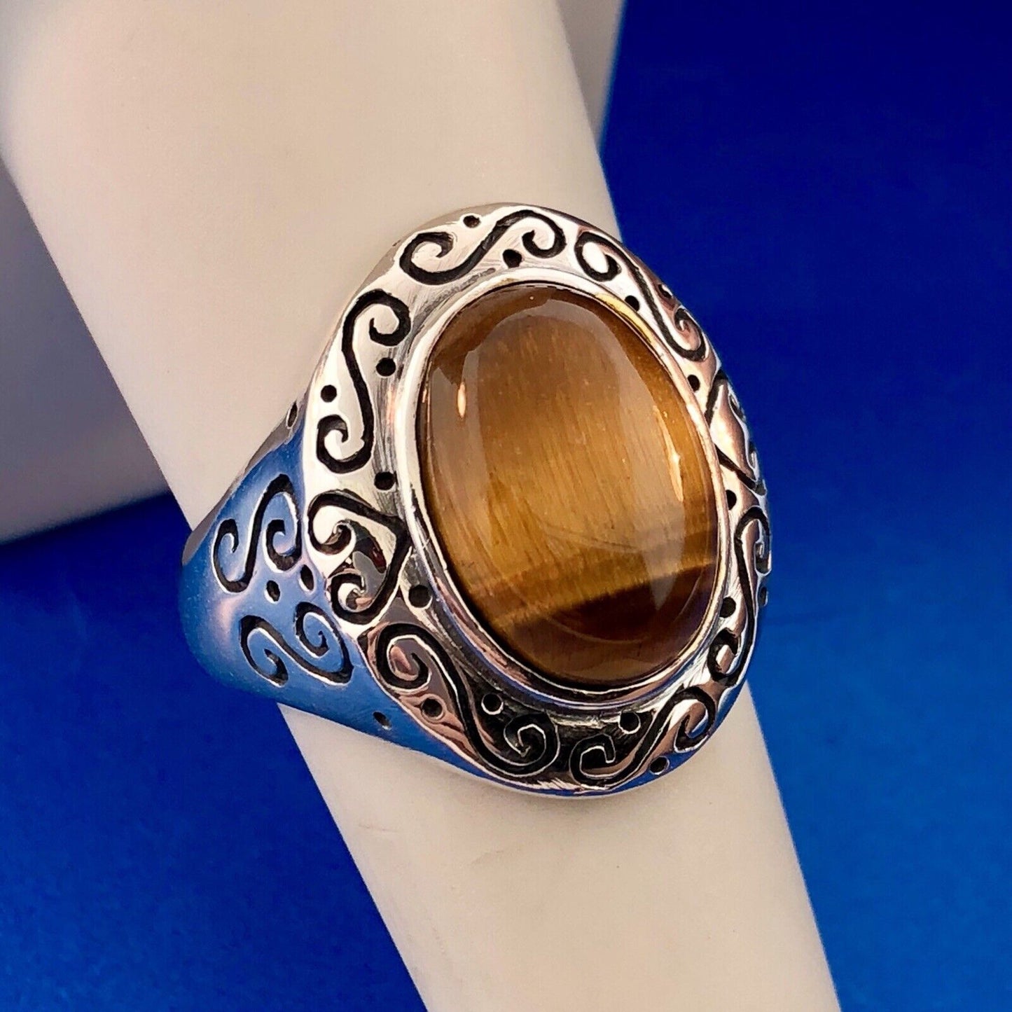 Designer 925 Sterling Silver Tiger Eye Cabochon Heart Scroll Concho Style Ring