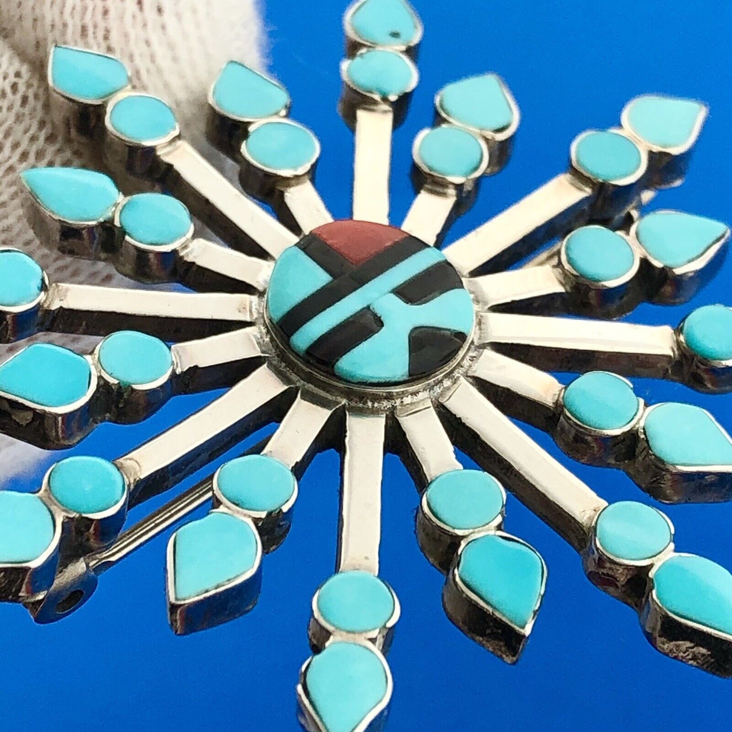 Zuni Designer Vera Halusewa Sterling Silver 925 Turquoise Star Brooch Pendant