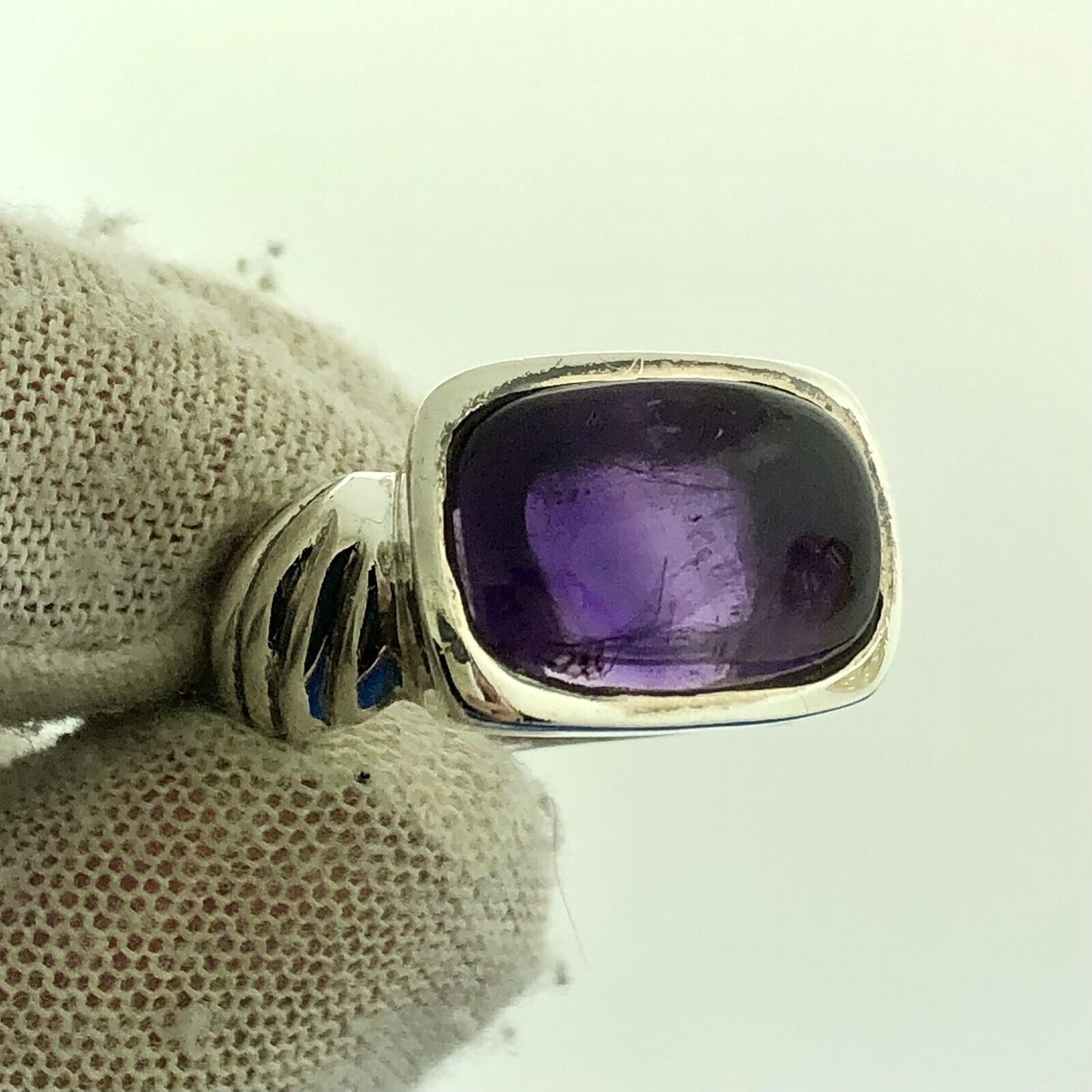 Retro 925 Sterling Silver Amethyst Cabochon Rectangle Cable Band Statement Ring