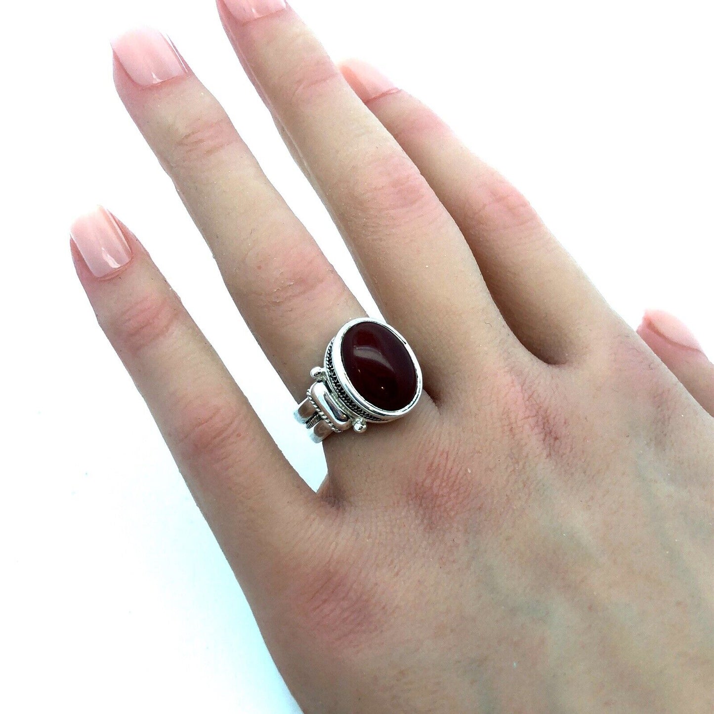 Designer BA 925 Sterling Silver Oval Red Carnelian Textured Statement Ring