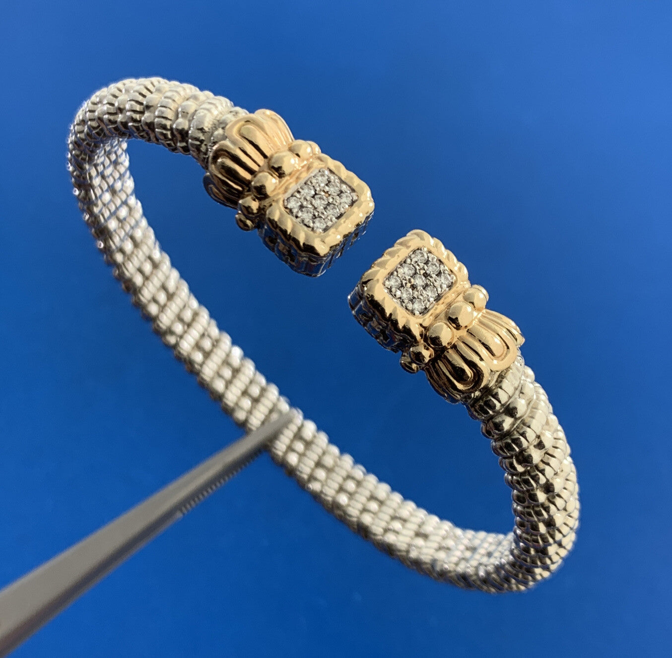 Alwand Vahan Sterling Silver 14K Gold Diamond Moire Beaded Open Cuff Bracelet