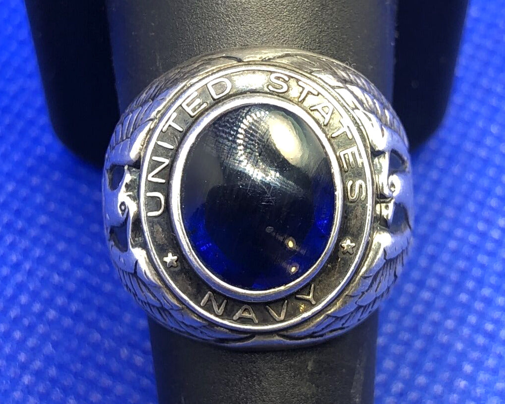 Designer Sterling Silver Oval Blue Glass United States Navy Insignia Dome Ring