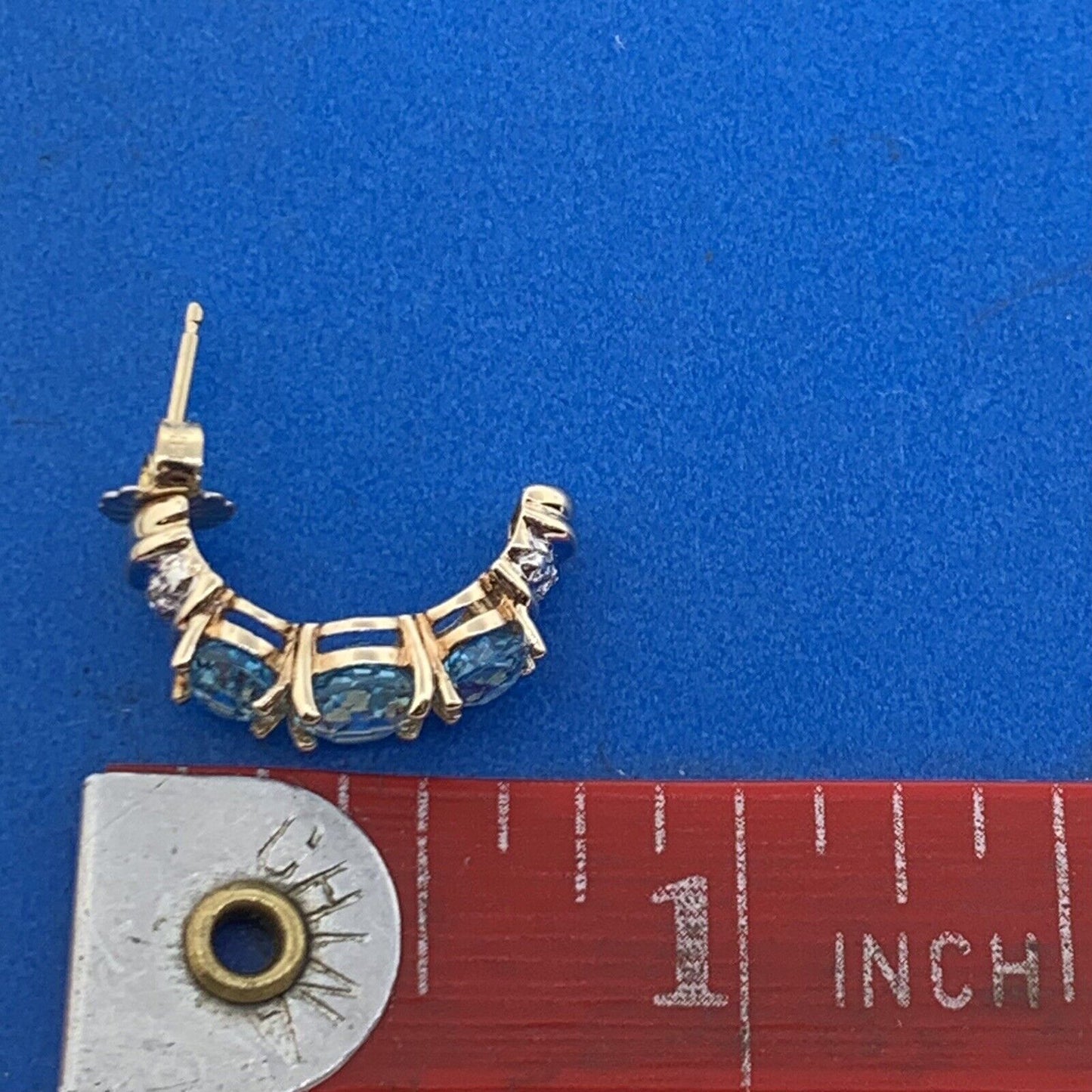 Designer 10K Yellow Gold Oval Blue Topaz Diamond Accented Half Hoop Earrings