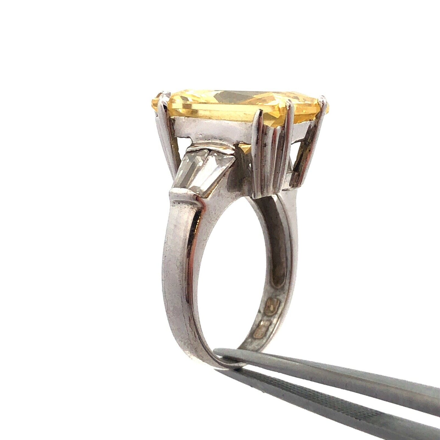 Designer CWE 925 Sterling Silver Radiant Emerald Lemon Quartz CZ Accent Ring