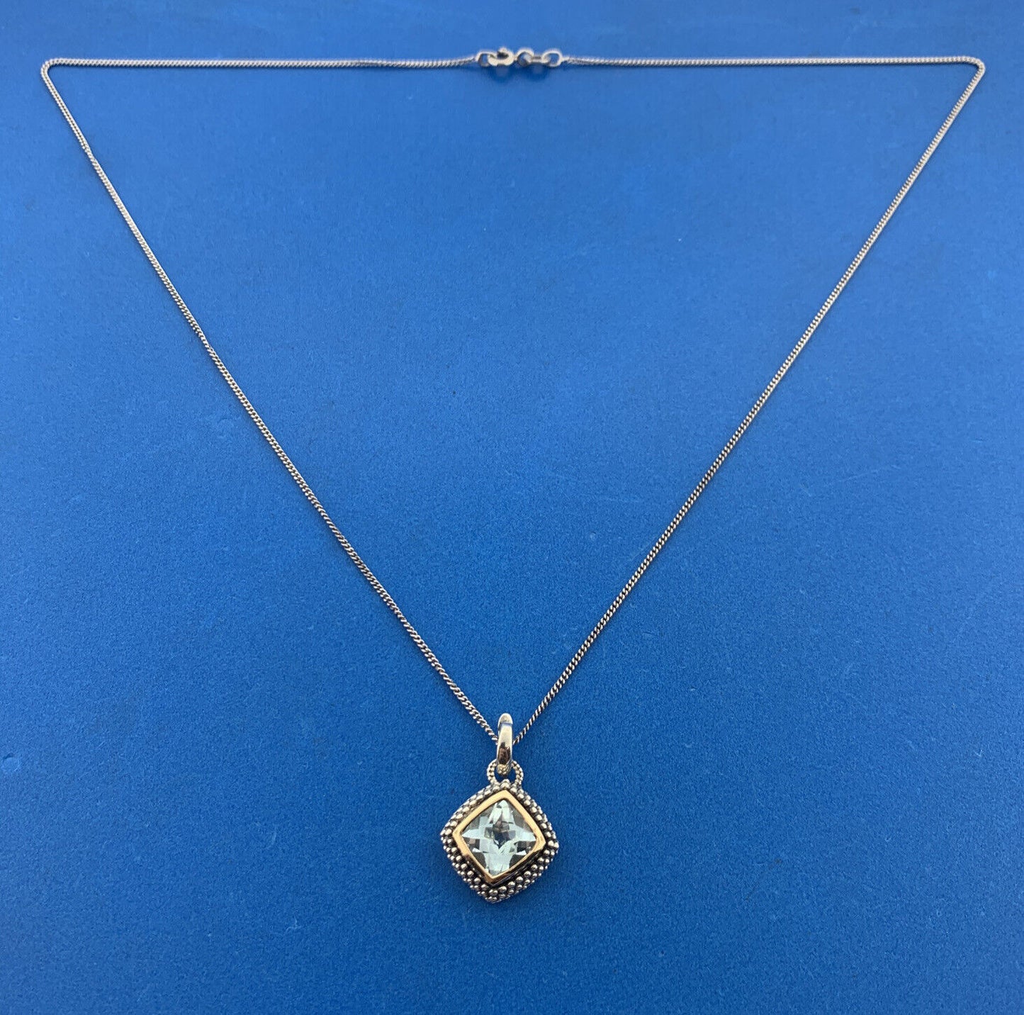 Designer T&C 925 Sterling Silver 14K Yellow Gold Square Blue Topaz Necklace
