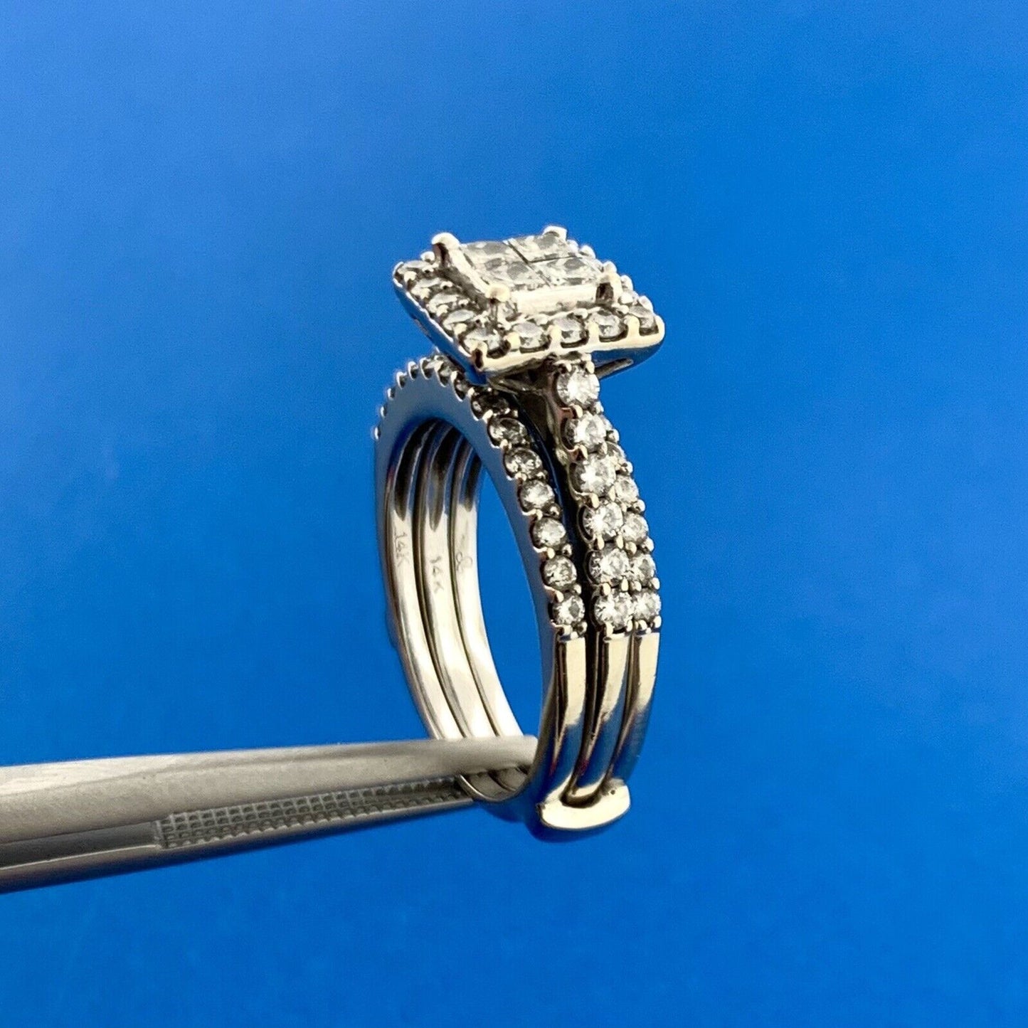 14k White Gold Princess Diamond Quad w/ Accent Wedding Band Set Ring Size 5.75