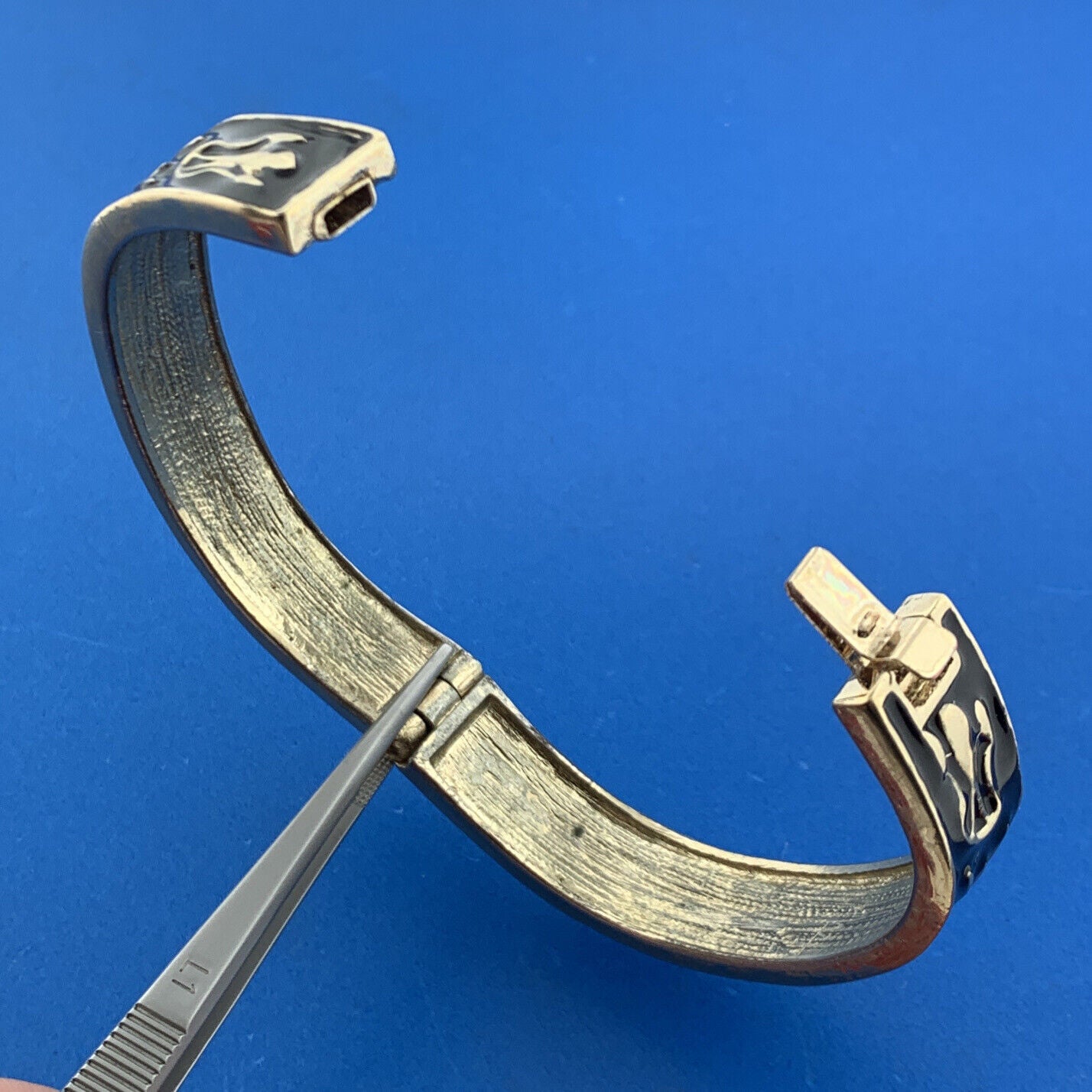 1980's Fabulous Gold Tone Black Gold Enamel Hinged Statement Cuff Bracelet