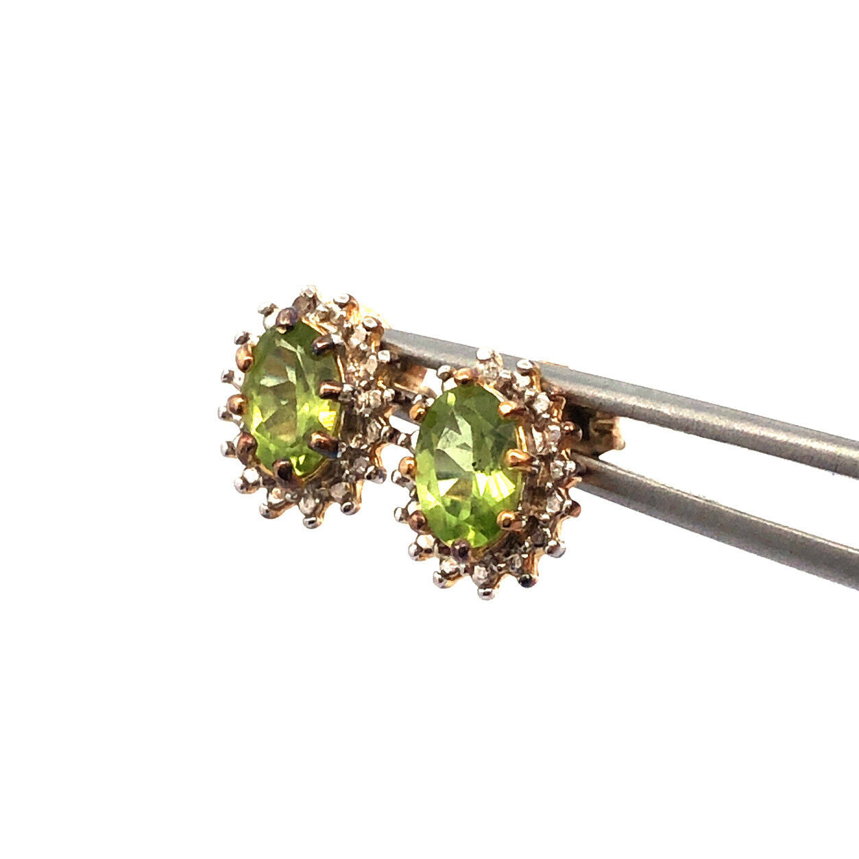 Designer 925 Sterling Silver Vermeil Two Tone Green Peridot Oval Stud Earrings