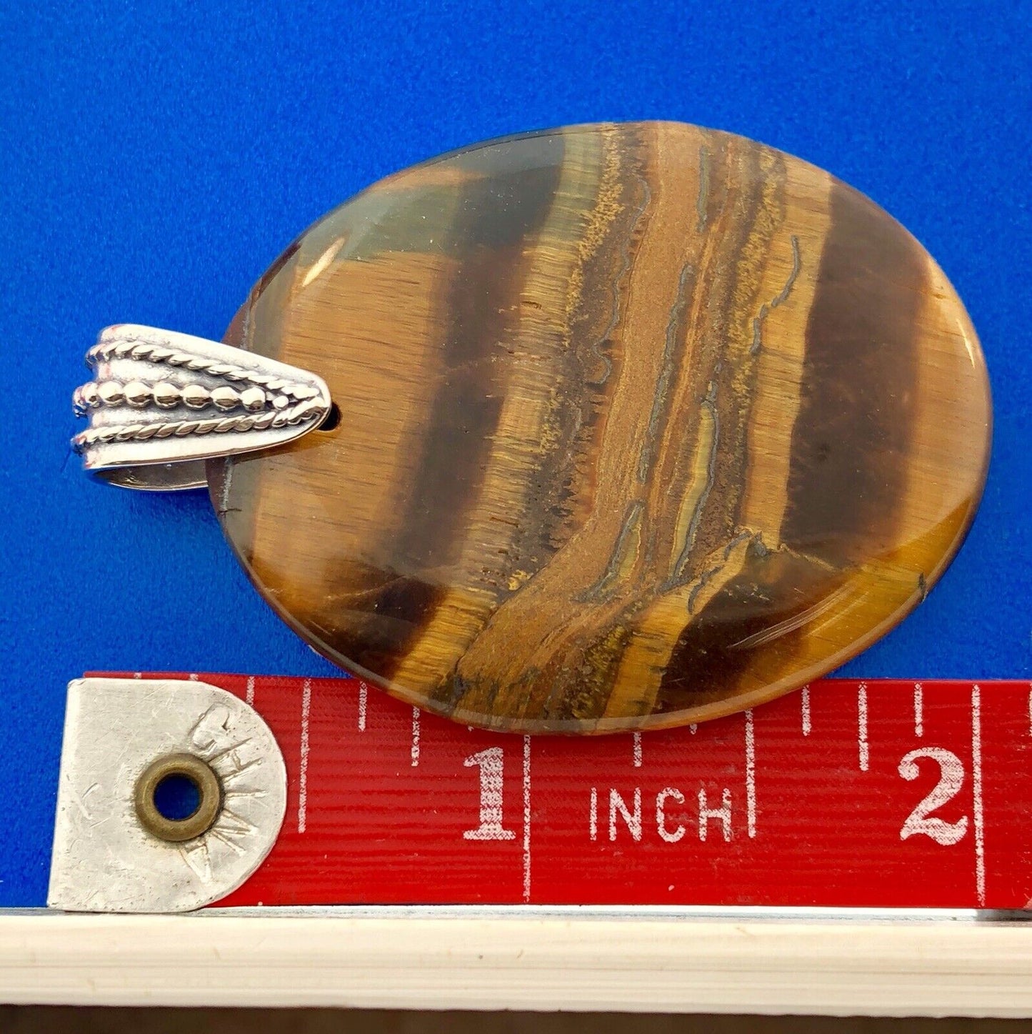 Retro 925 Sterling Silver Tiger Eye Worry Stone Chakra Statement Pendant
