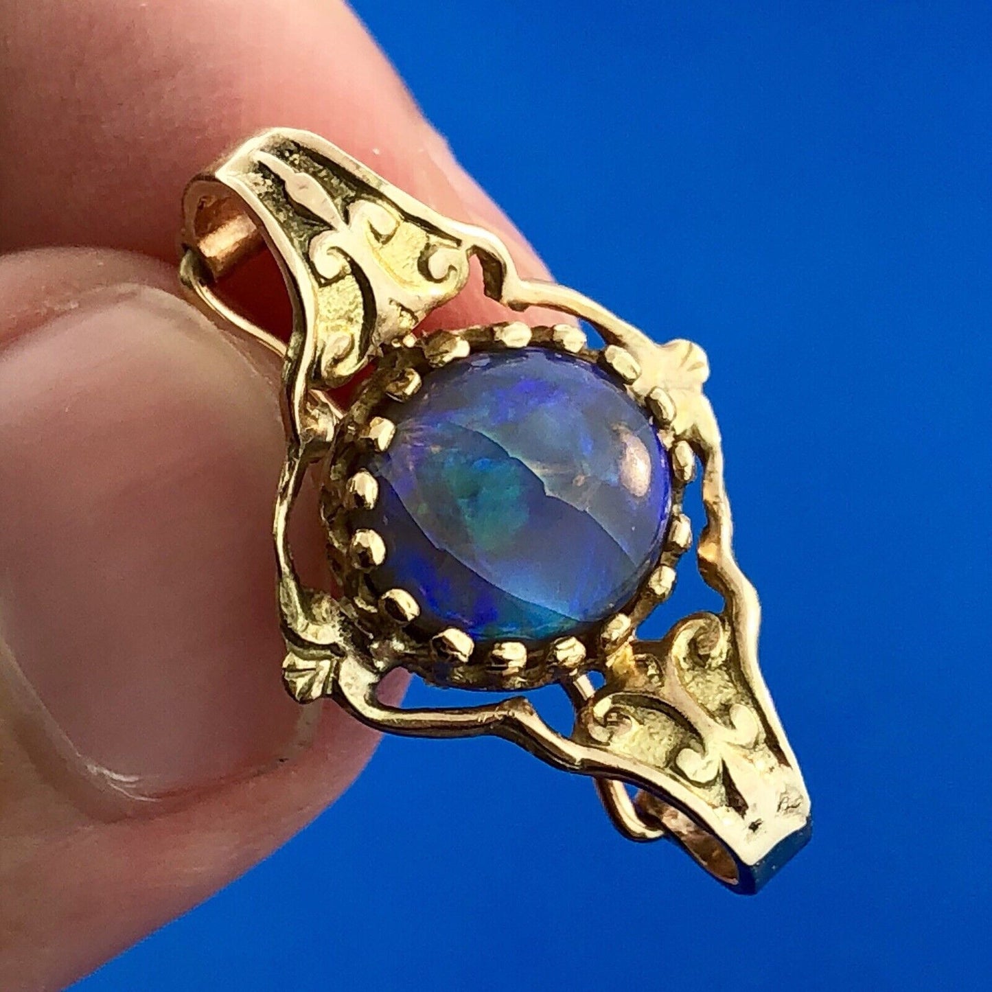 Vintage 14K Yellow Gold Black Fire Opal Etruscan Design Double Enhancer Pendant