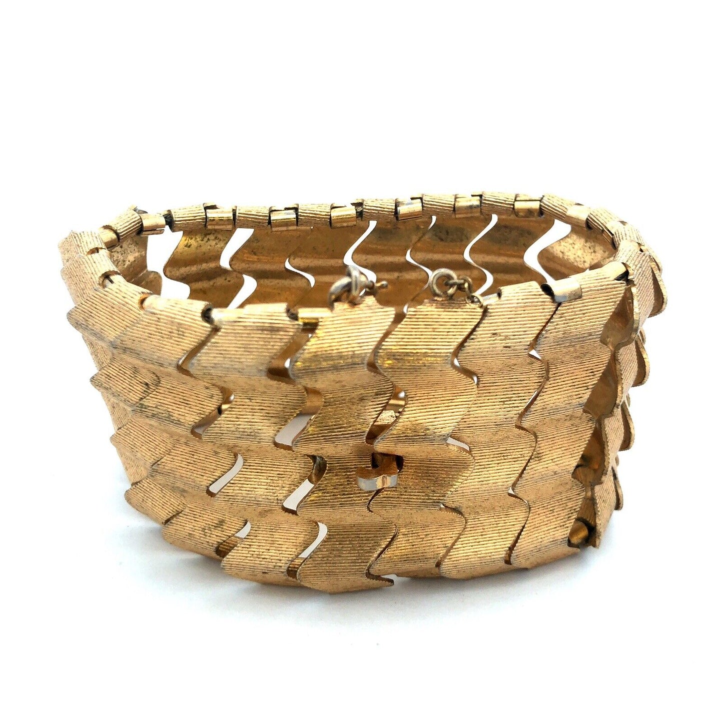 Mid Century Modernist Gold Tone Wave Link Wide Cuff Statement Bracelet