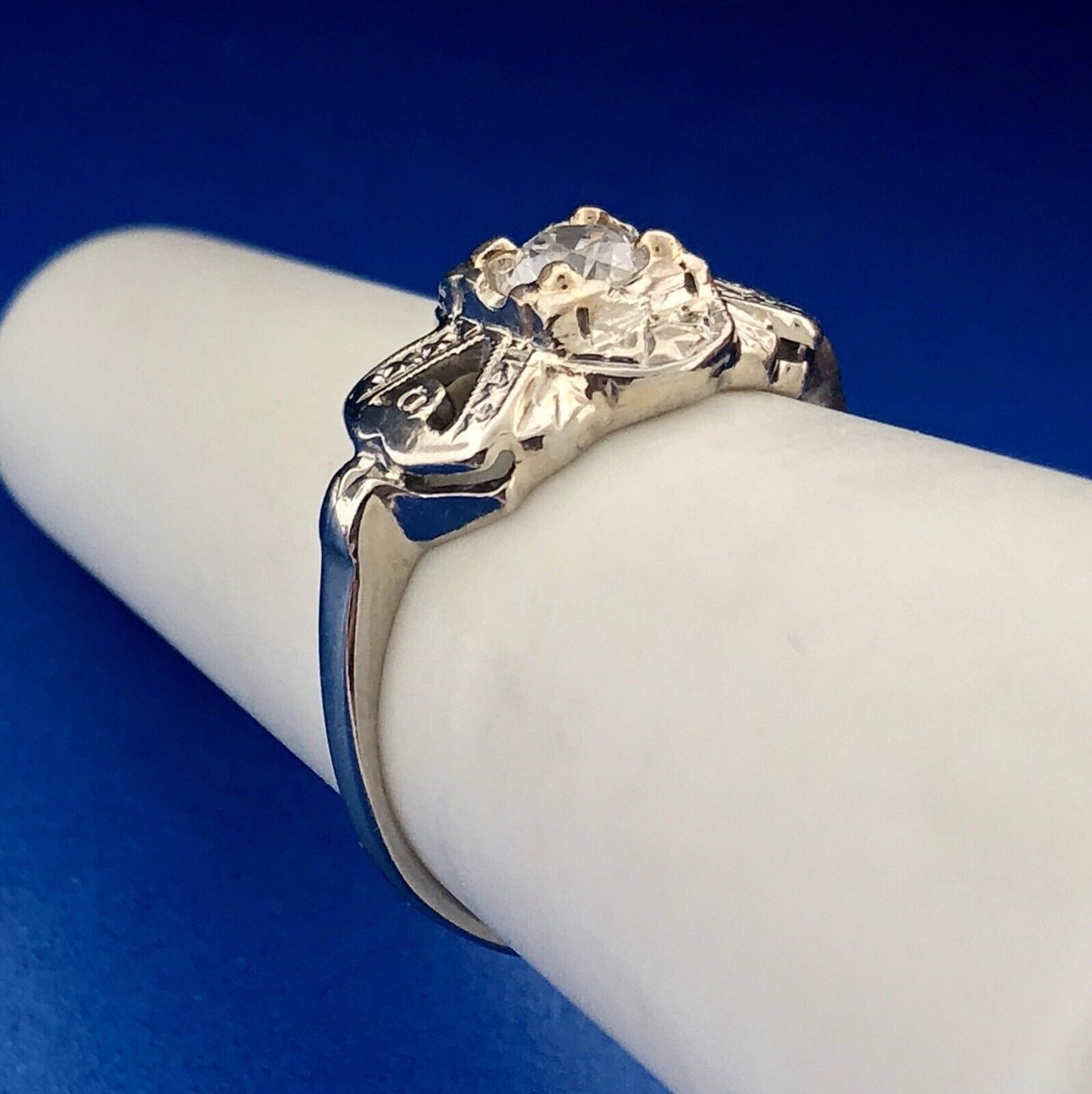 Art Deco 14K White Gold Diamond European Mine Cut Engagement Bridal Ring