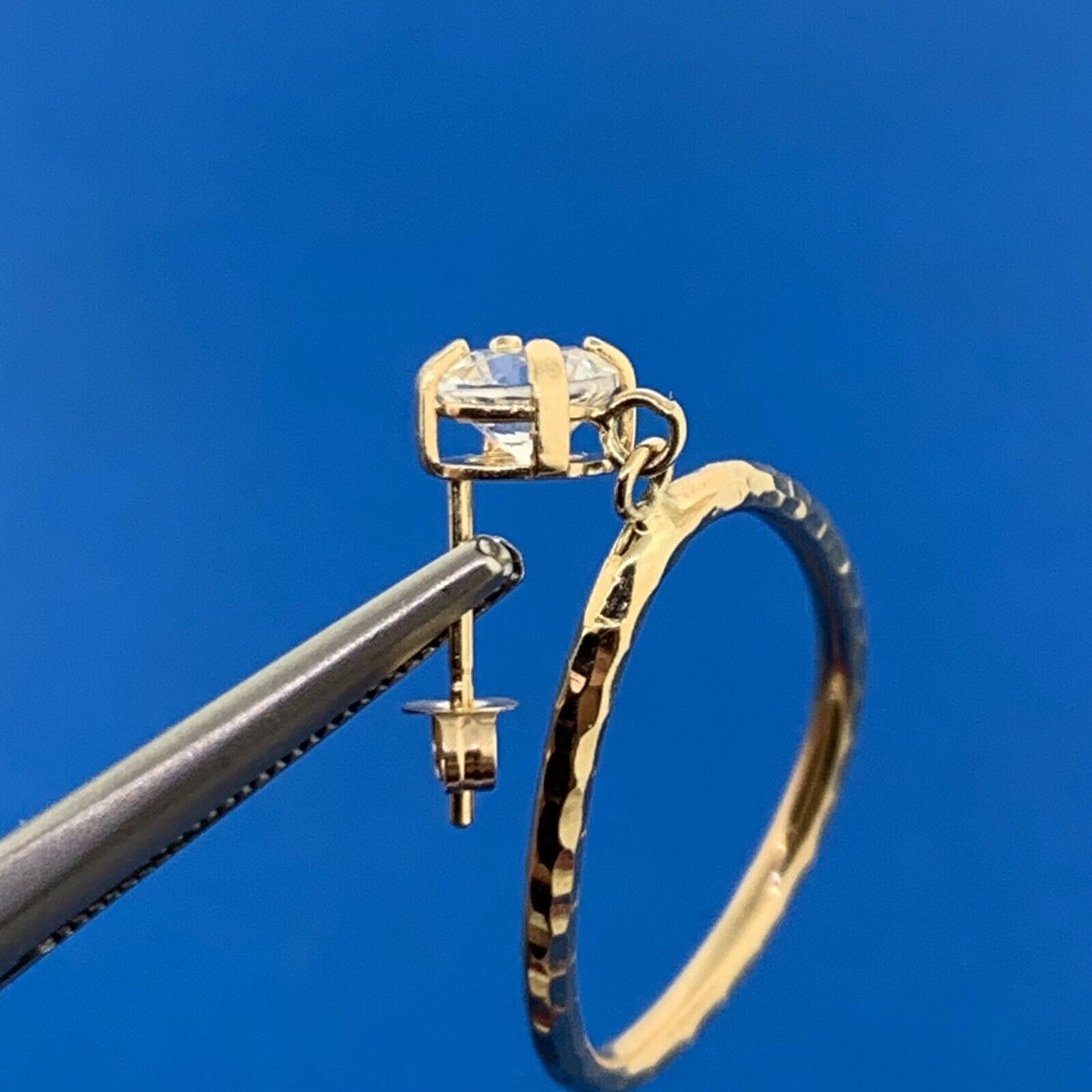 Designer 10K Yellow Gold White Sapphire Hammered Hoop Dangle Stud Earrings